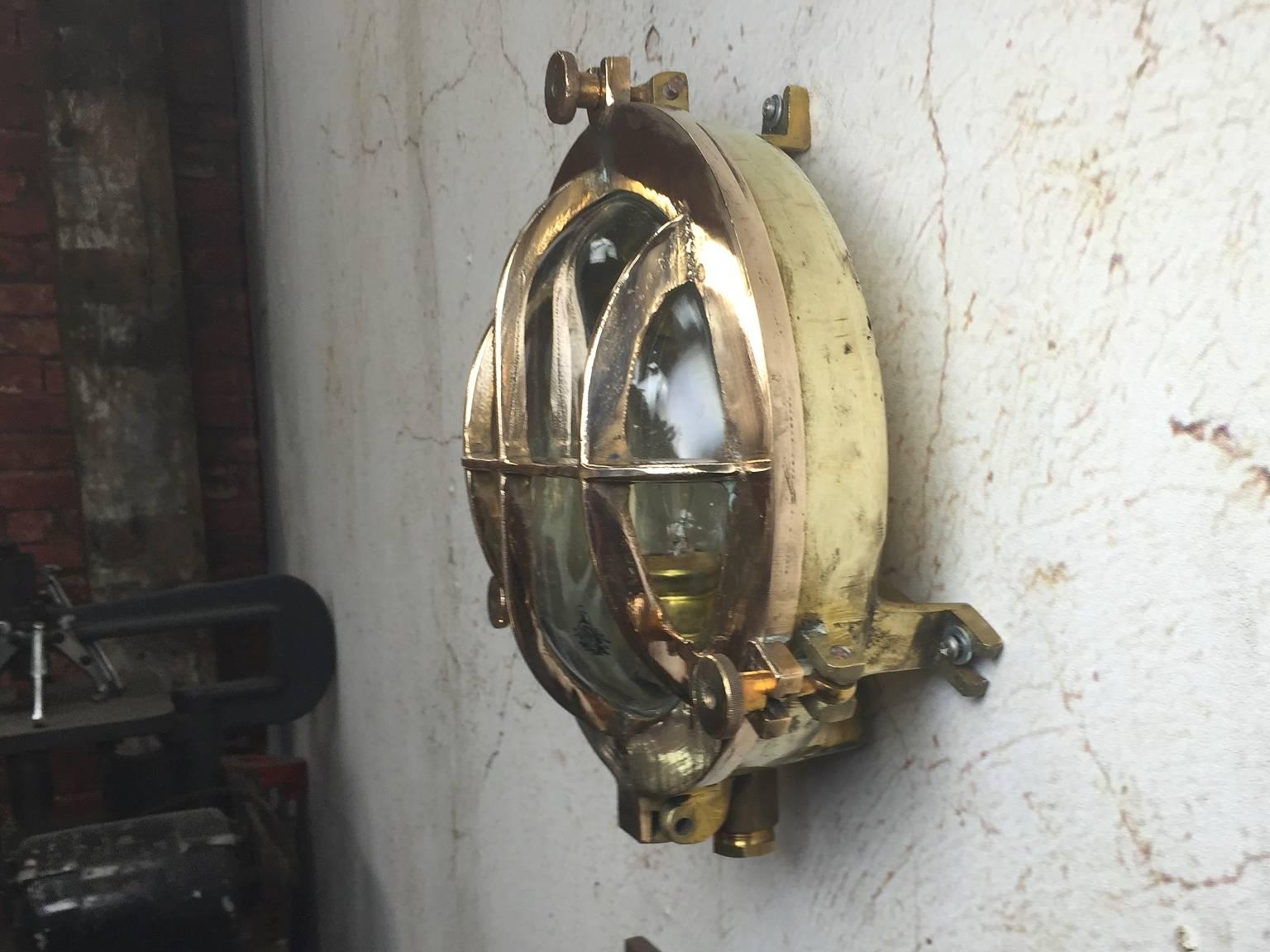 German Mid-Century Circular Industrial Bronze and Brass Wall Light with Glass Dome