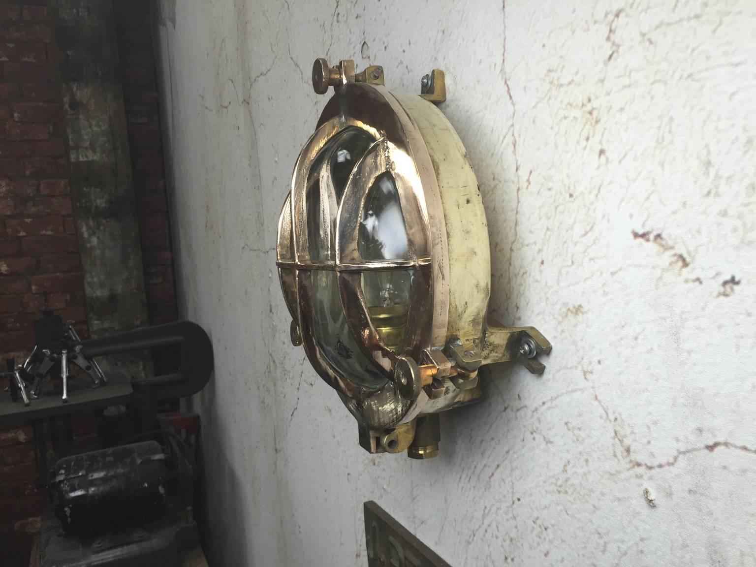 Cast Mid-Century Circular Industrial Bronze and Brass Wall Light with Glass Dome