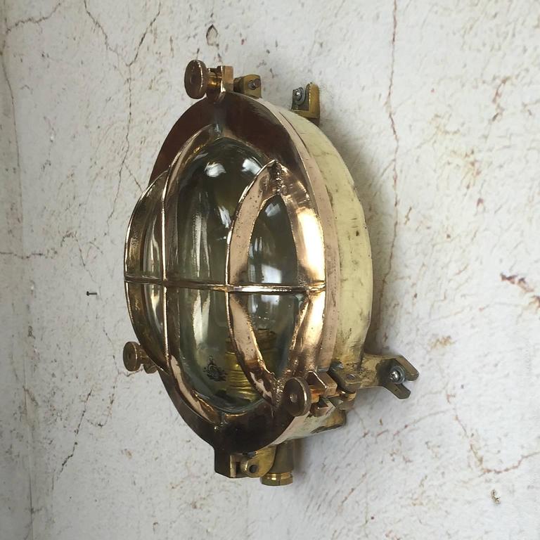 Mid-Century Circular Industrial Bronze and Brass Wall Light with Glass Dome For Sale at 1stdibs