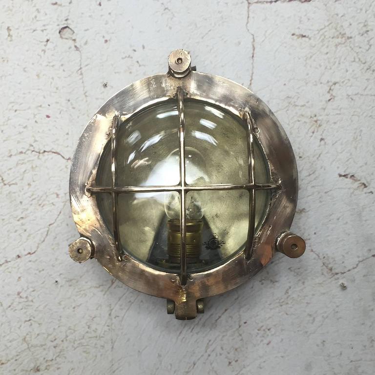 Mid-Century Circular Industrial Bronze and Brass Wall Light with Glass Dome For Sale at 1stdibs