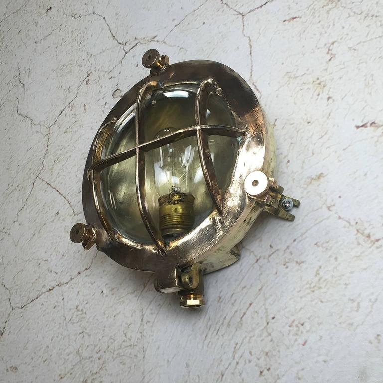 Mid-Century Circular Industrial Bronze and Brass Wall Light with Glass Dome For Sale at 1stdibs
