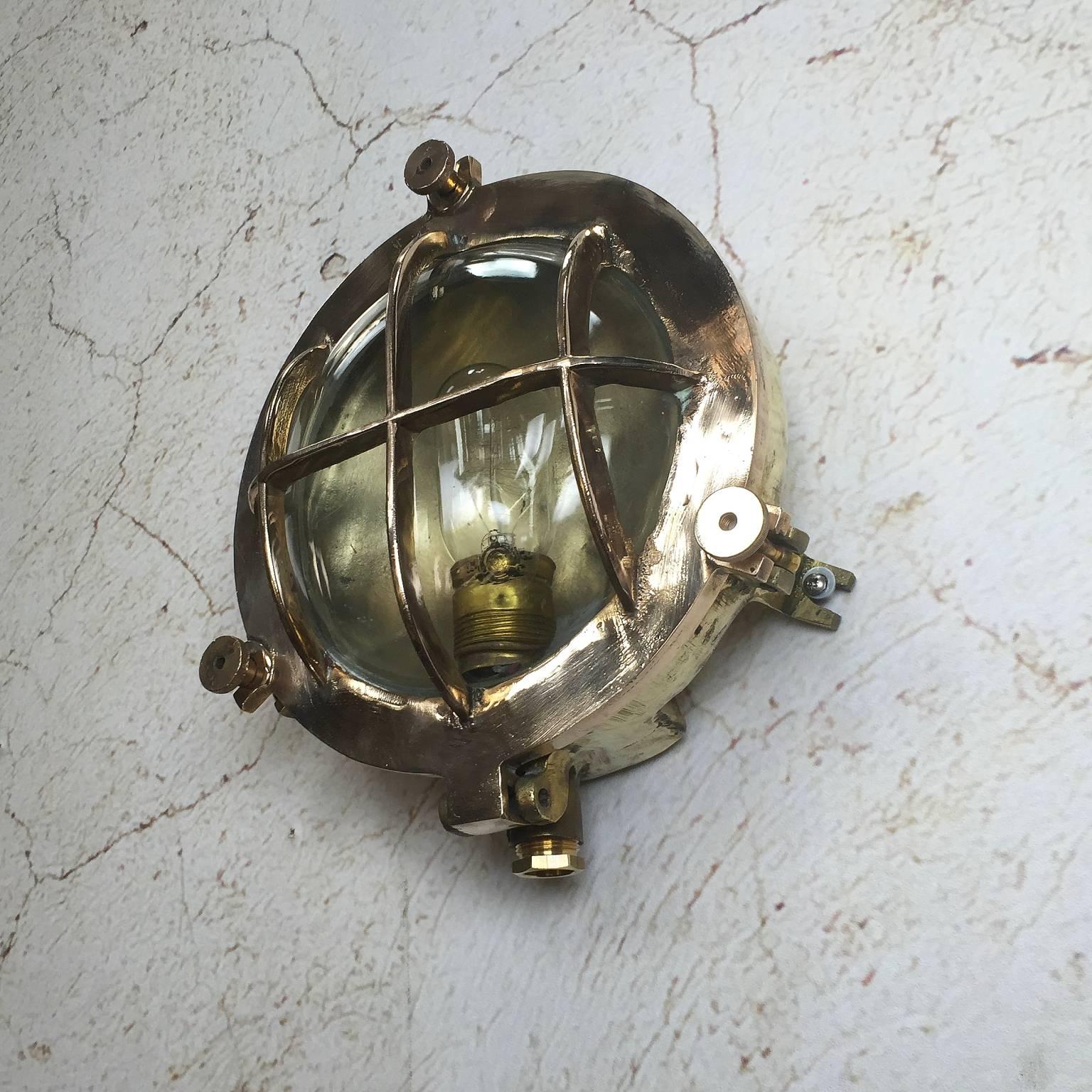 Mid-Century Circular Industrial Bronze and Brass Wall Light with Glass Dome 3