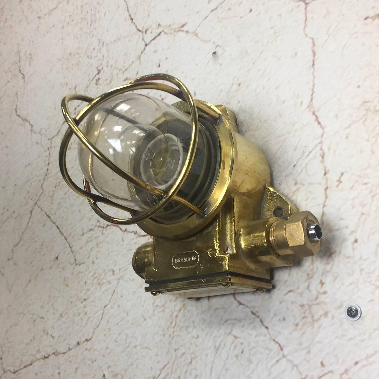 Industrial Late 20th Century British Made Brass Wall Light, Cage and Glass Dome - Marine