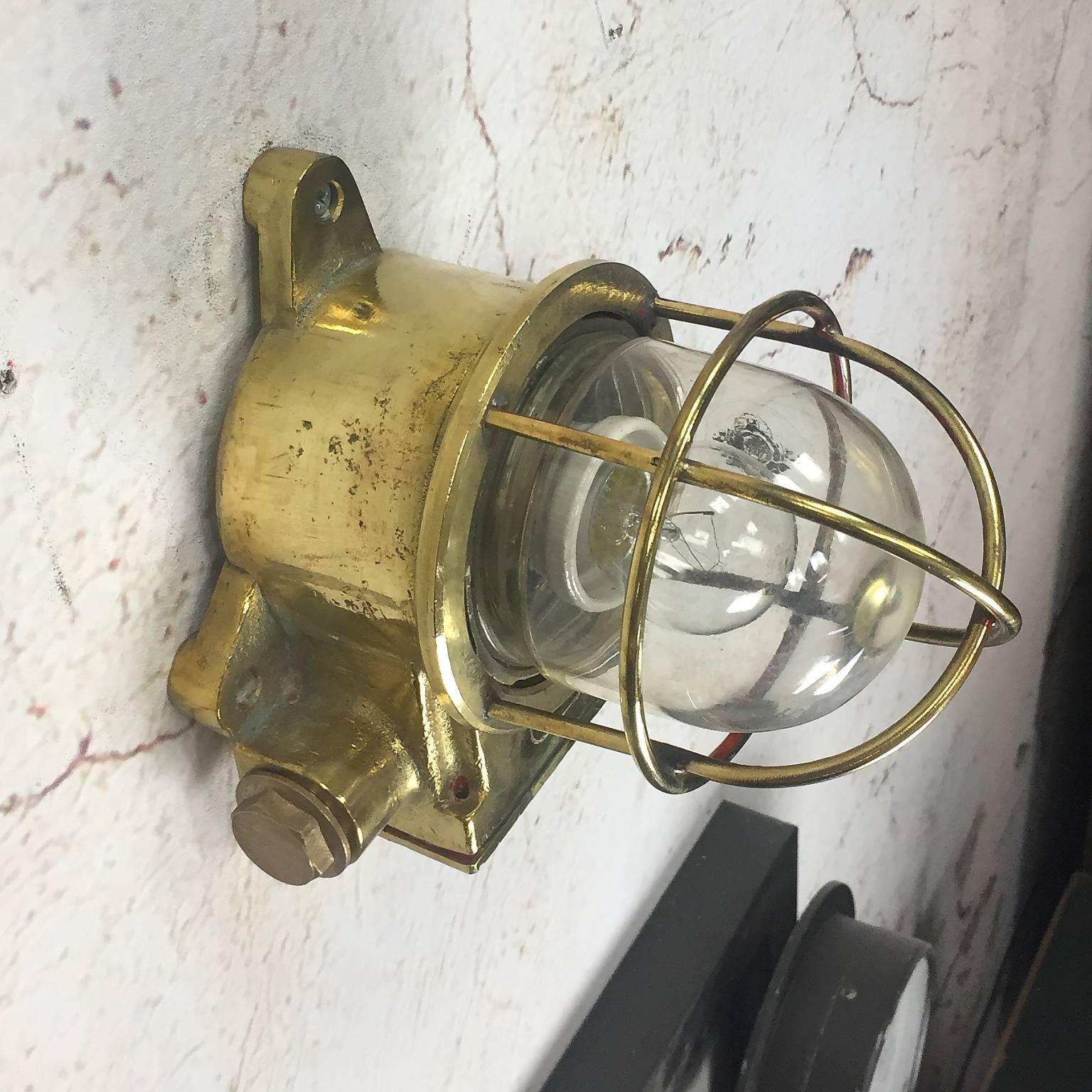 Cast Late 20th Century British Made Brass Wall Light, Cage and Glass Dome - Marine