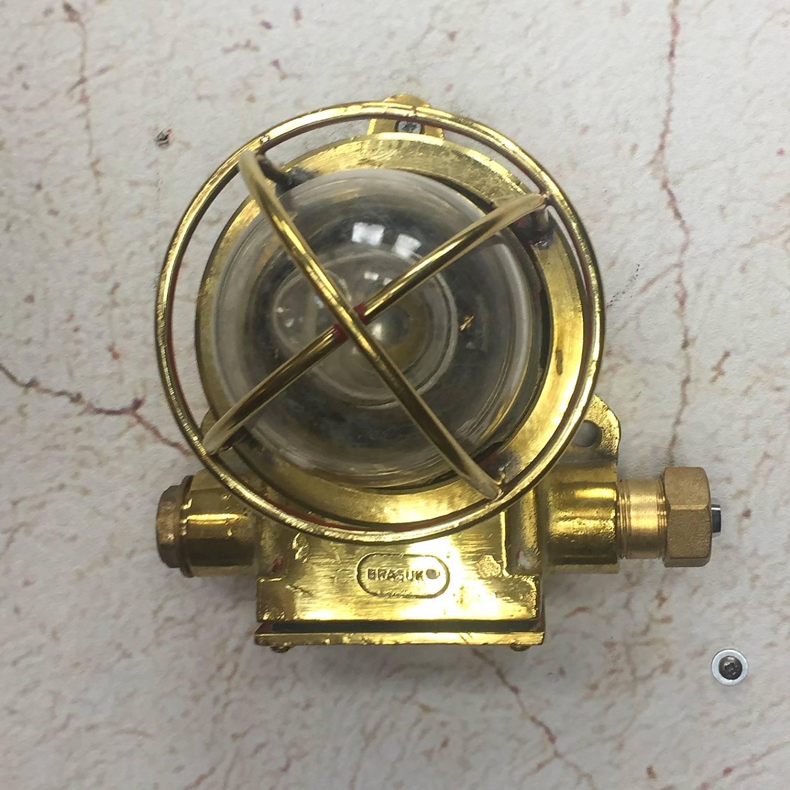 Late 20th Century British Made Brass Wall Light, Cage and Glass Dome - Marine In Good Condition In Leicester, Leicestershire