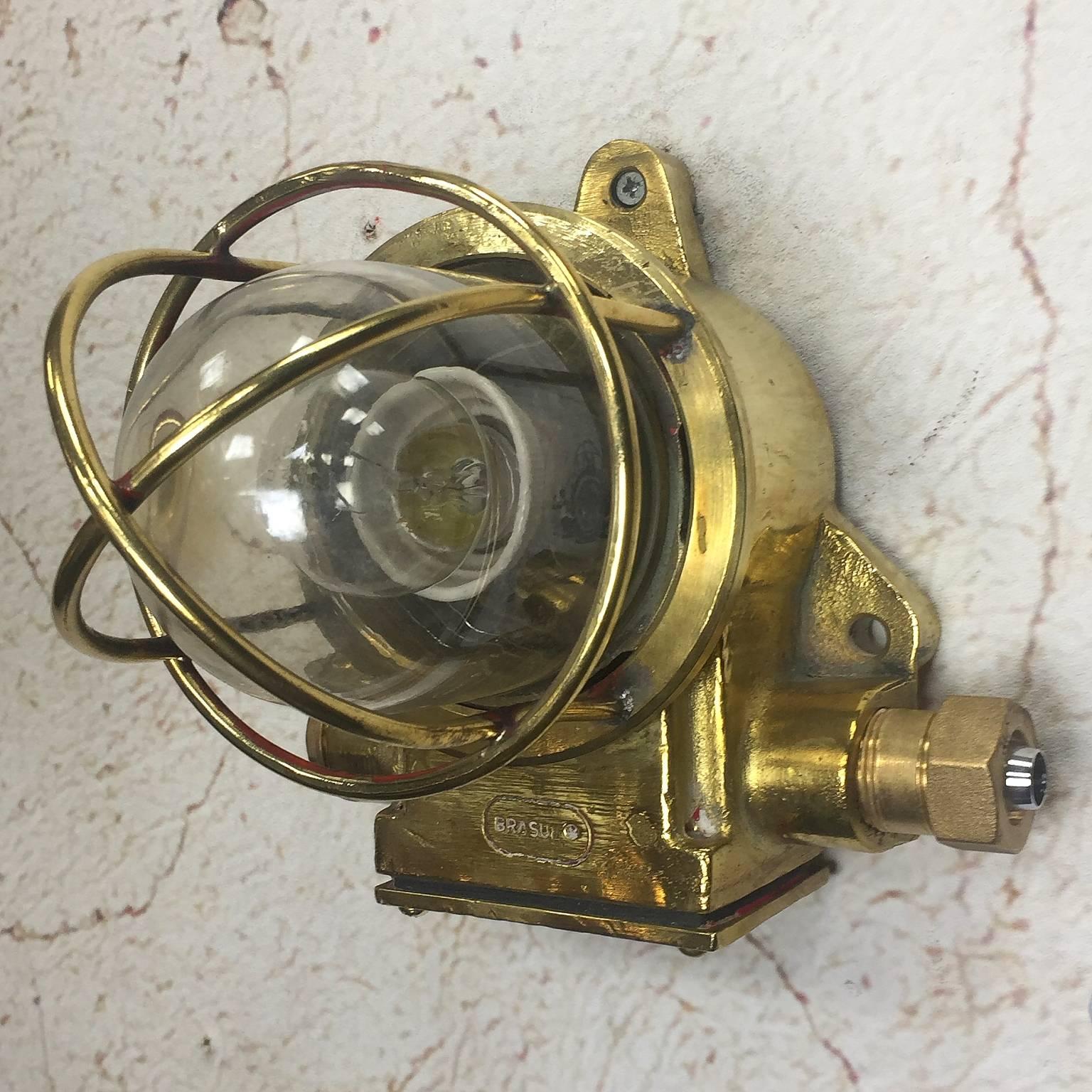 Late 20th Century British Made Brass Wall Light, Cage and Glass Dome - Marine 1