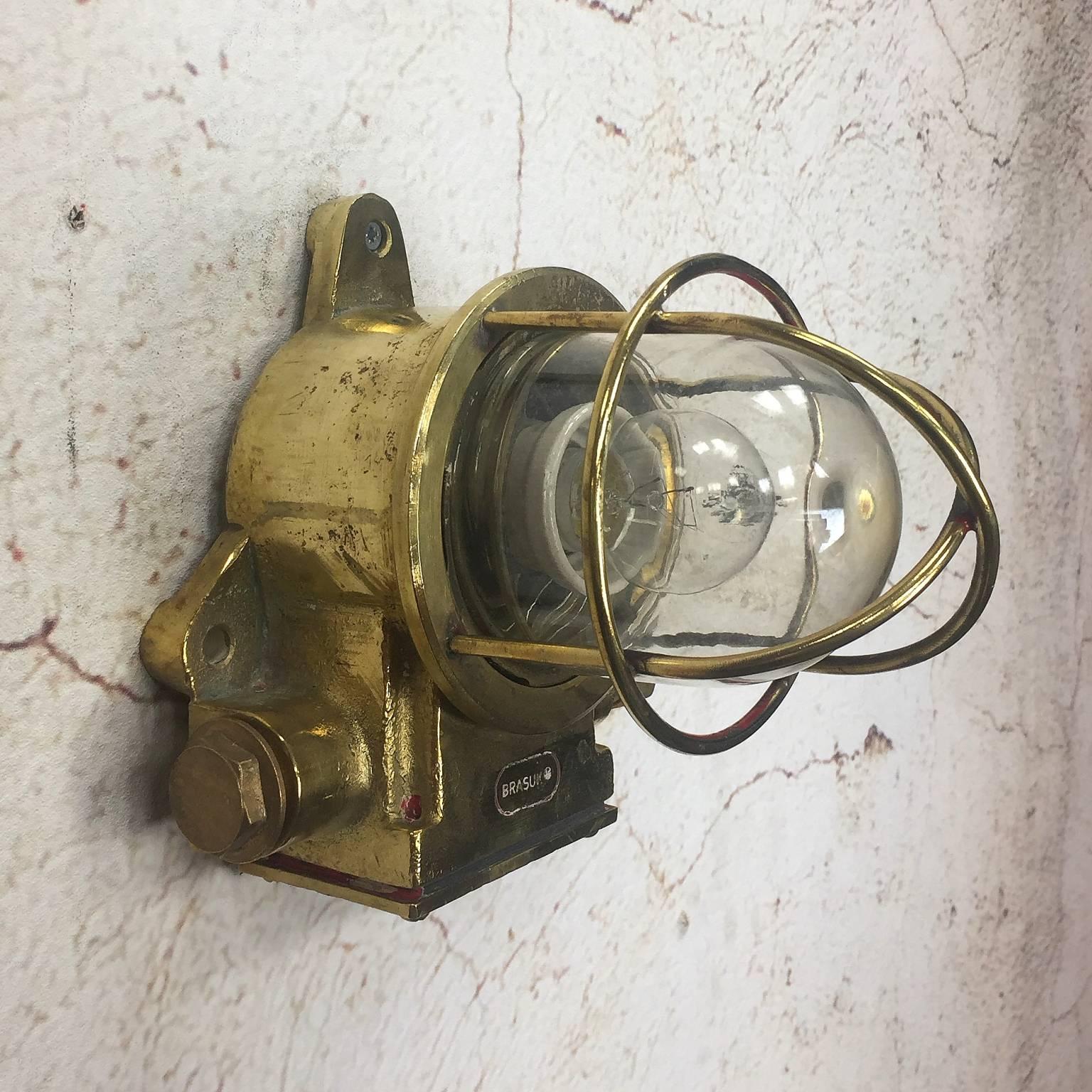 Late 20th Century British Made Brass Wall Light, Cage and Glass Dome - Marine 3