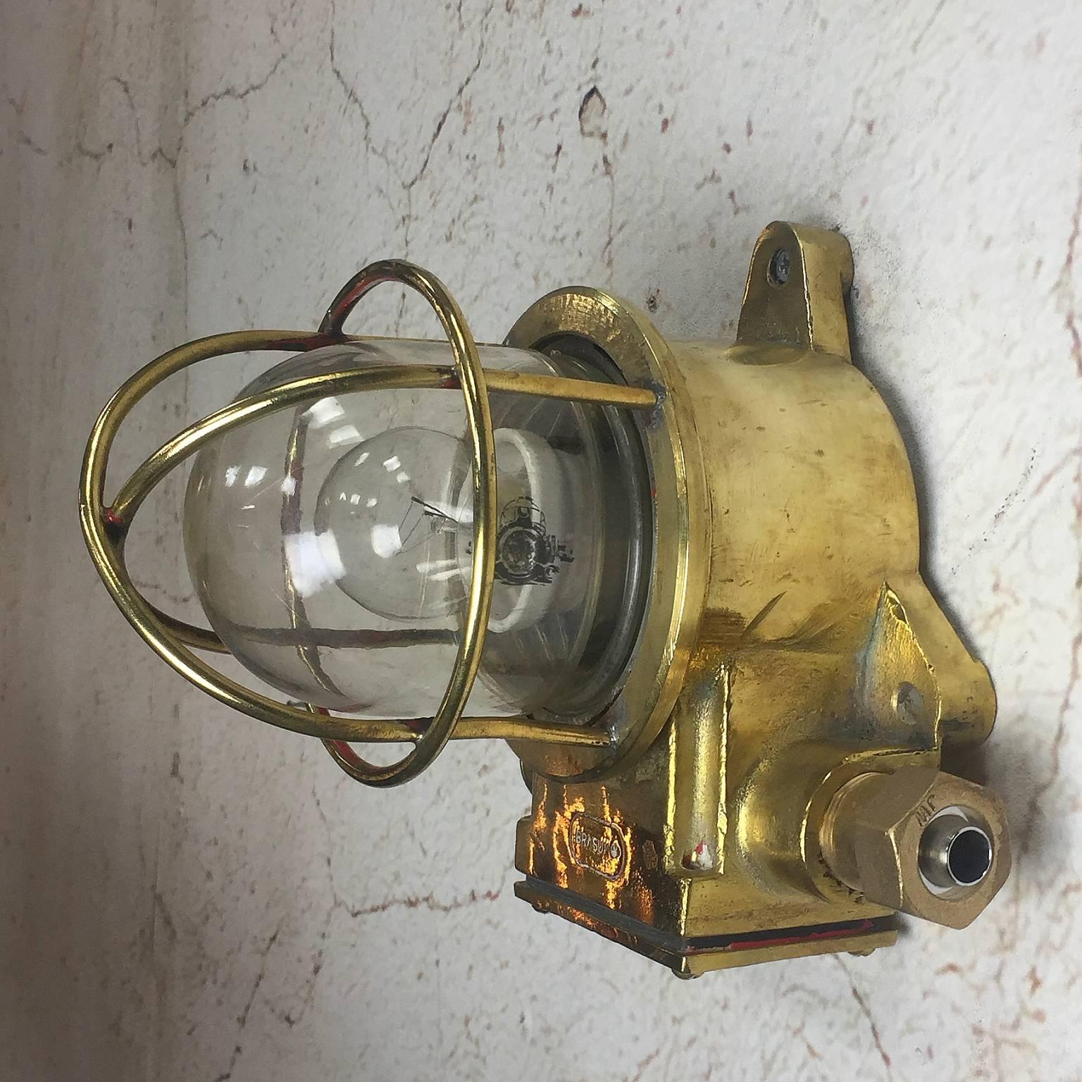 Late 20th Century British Made Brass Wall Light, Cage and Glass Dome - Marine 4