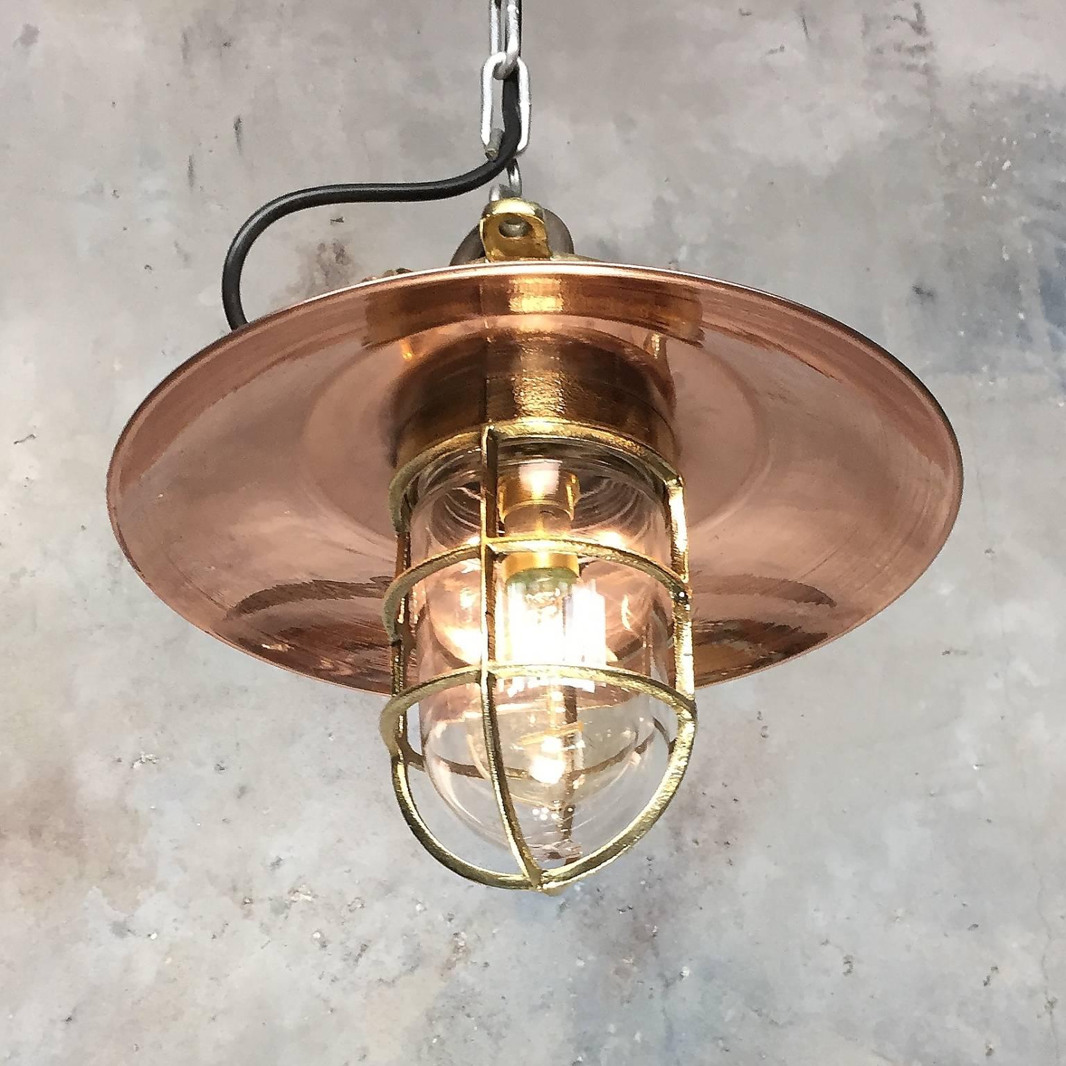 Industrial 20th Century Brass and Copper Explosion Proof Pendant, Glass Dome, Edison Bulb