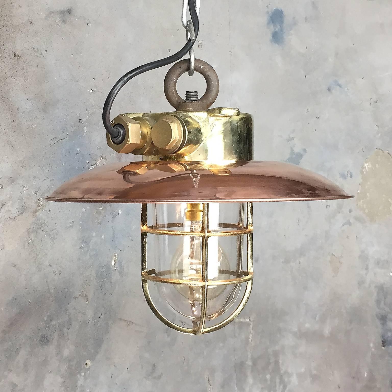 Japanese 20th Century Brass and Copper Explosion Proof Pendant, Glass Dome, Edison Bulb