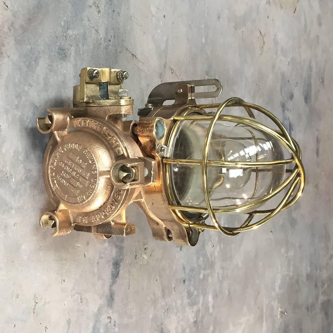 Industrial Late Century Flameproof Copper Ceiling or Wall Light, Glass Dome Brass Cage E27