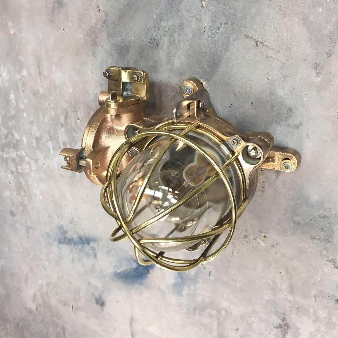 Japanese Late Century Flameproof Copper Ceiling or Wall Light, Glass Dome Brass Cage E27