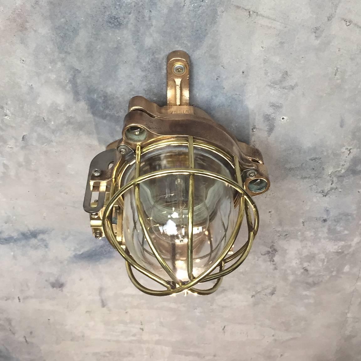 Cast Late Century Flameproof Copper Ceiling or Wall Light, Glass Dome Brass Cage E27