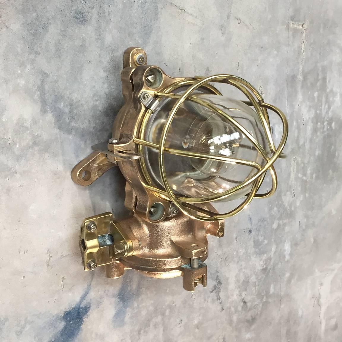 Late Century Flameproof Copper Ceiling or Wall Light, Glass Dome Brass Cage E27 In Excellent Condition In Leicester, Leicestershire
