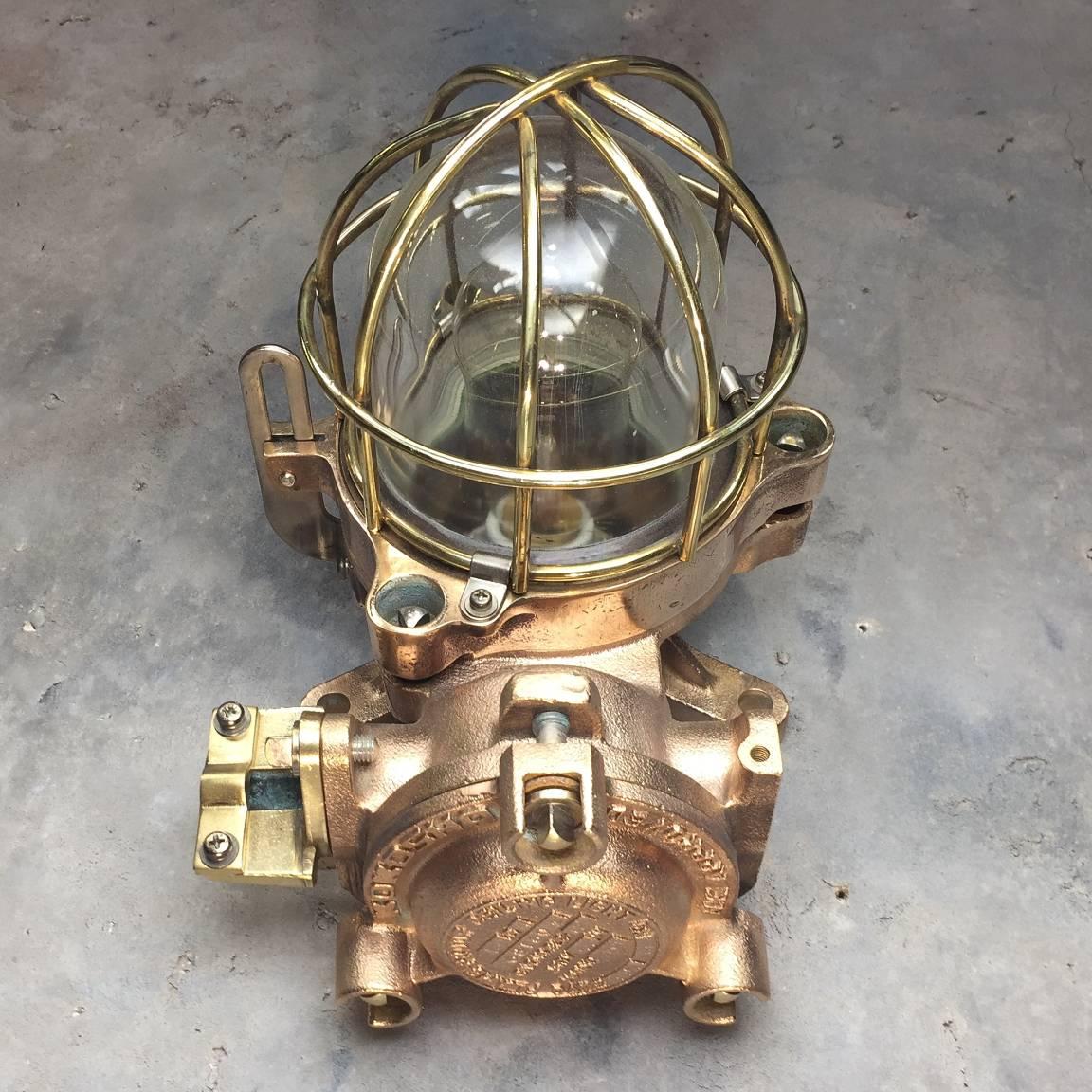 Late 20th Century Late Century Flameproof Copper Ceiling or Wall Light, Glass Dome Brass Cage E27