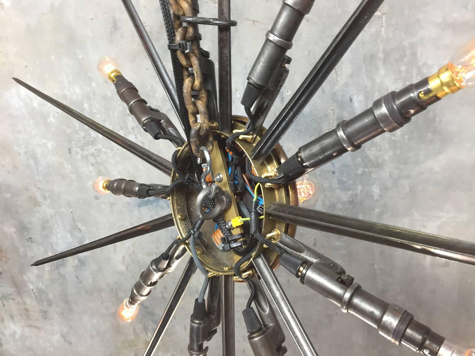 1880's Russian Rifle Bayonet Pendant Chandelier, Steel, Copper, Brass & Bronze In Excellent Condition For Sale In Leicester, Leicestershire