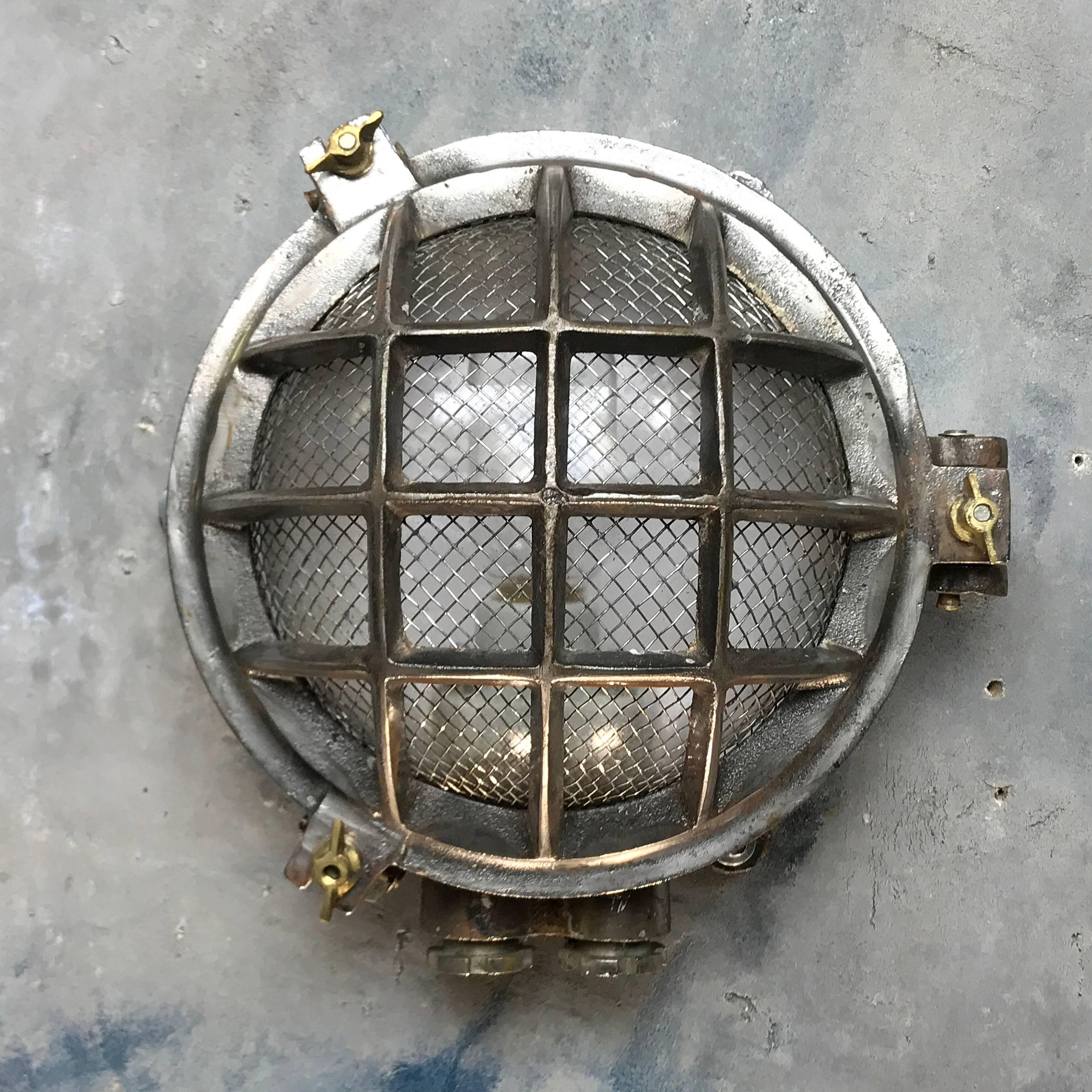 Industrial 20th Century Steel 6 Bar Circular Wall Light With Cage & Edison Bulb