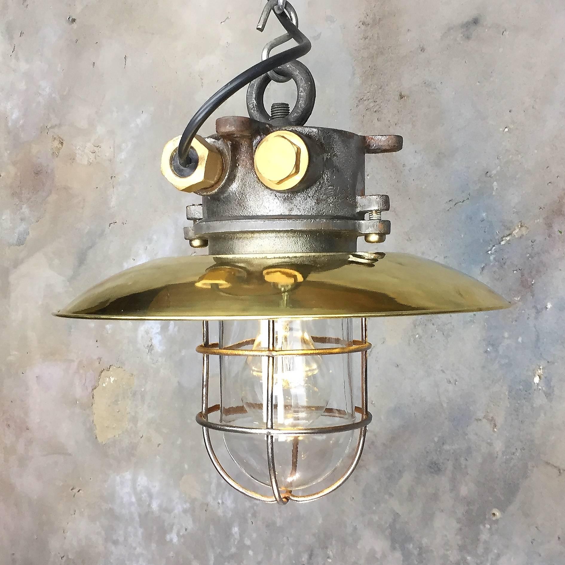 Japanese Late Century Iron, Brass and Glass Explosion Proof Industrial Pendant For Sale