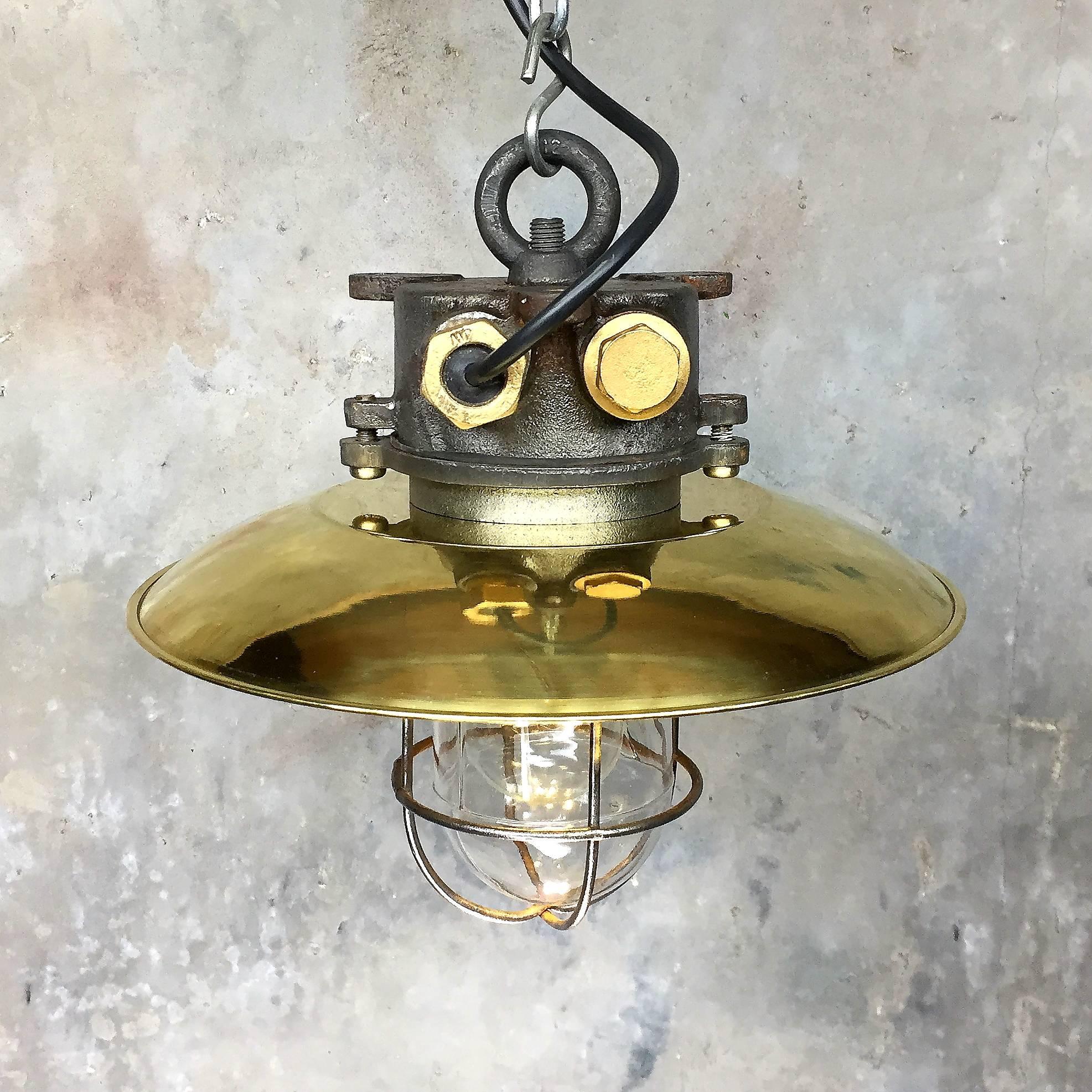 Late Century Iron, Brass and Glass Explosion Proof Industrial Pendant In Excellent Condition For Sale In Leicester, Leicestershire
