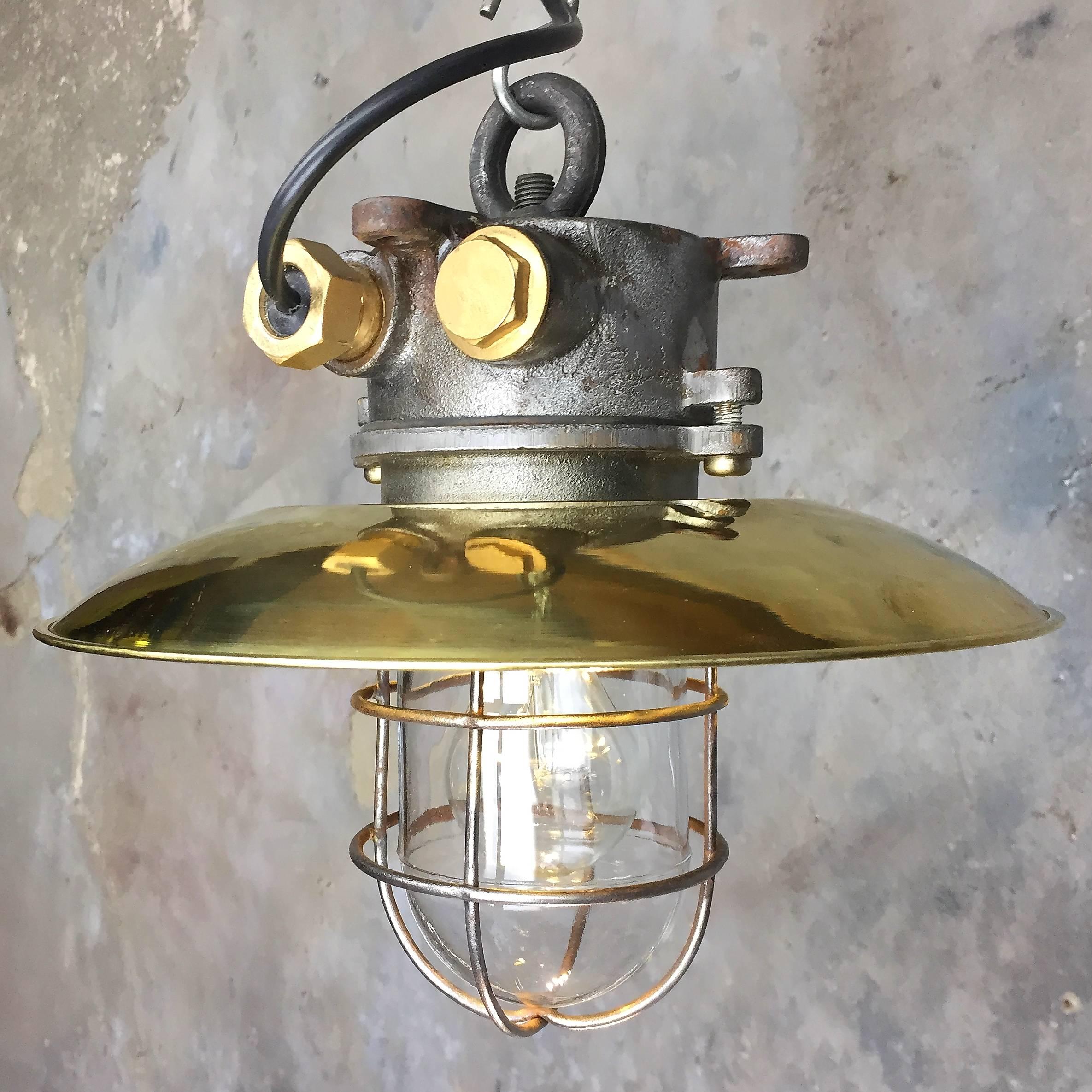 Late Century Iron, Brass and Glass Explosion Proof Industrial Pendant For Sale 1