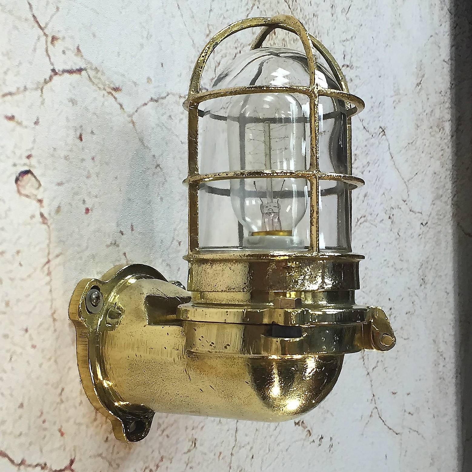 Solid Japanese brass 90 degree wall lights.


Made to withstand the harshest conditions these solid brass cast wall lights are the Rolls Royce of marine Industrial lighting.

The (jam jar style) glass dome screws down on to a substantial rubber