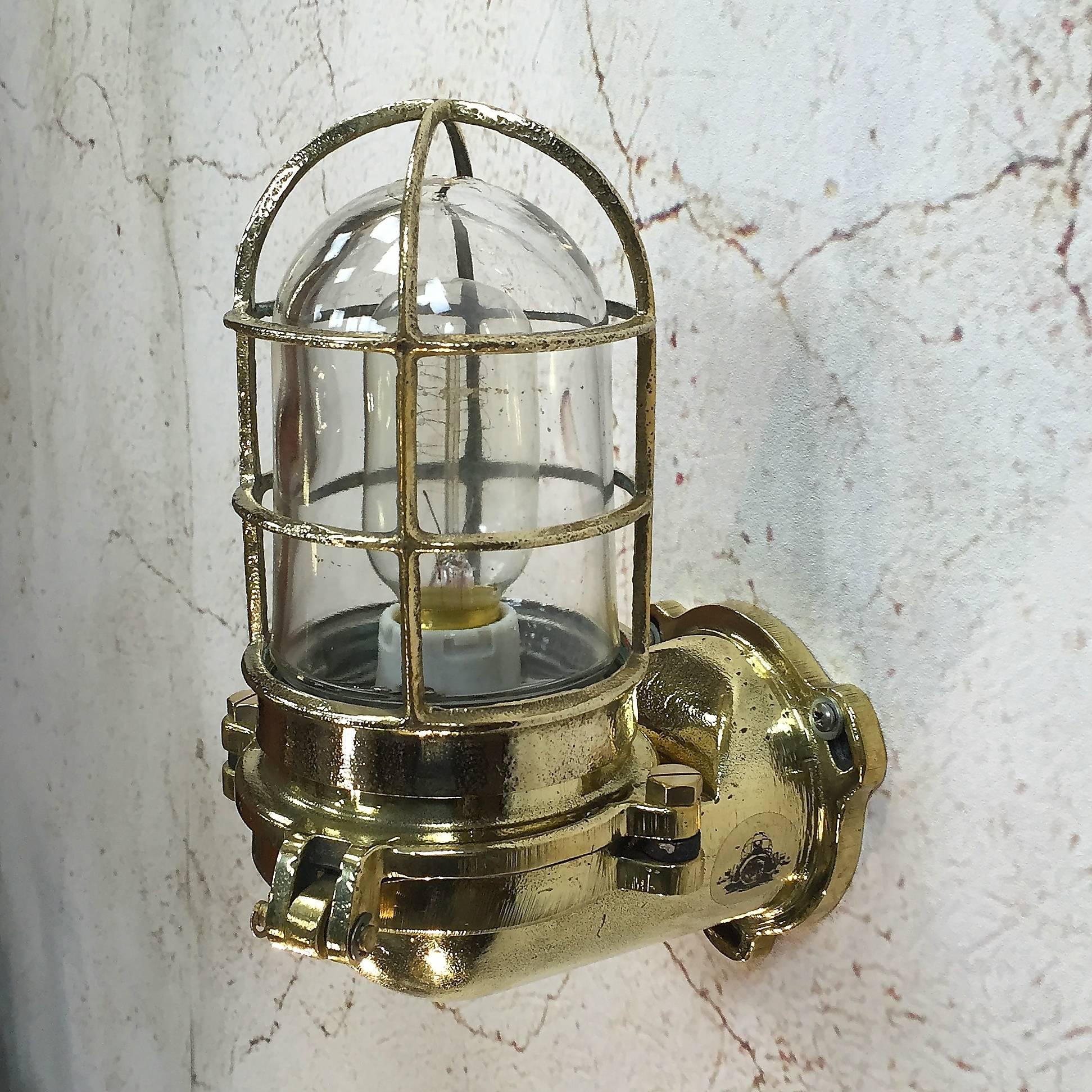 Cast Late Century Industrial Japanese Brass 90 Degree Wall Light Glass Dome