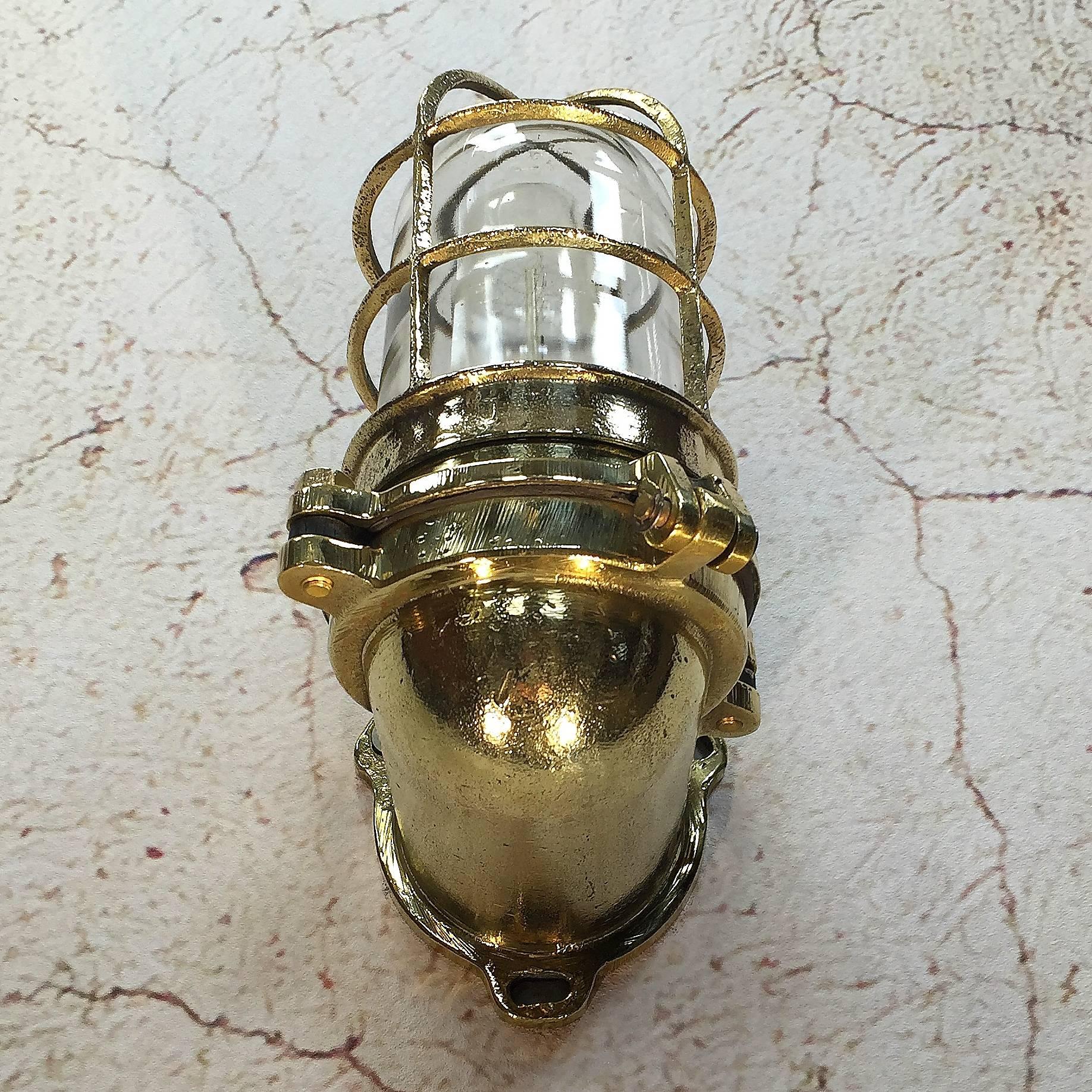 Late Century Industrial Japanese Brass 90 Degree Wall Light Glass Dome In Excellent Condition In Leicester, Leicestershire