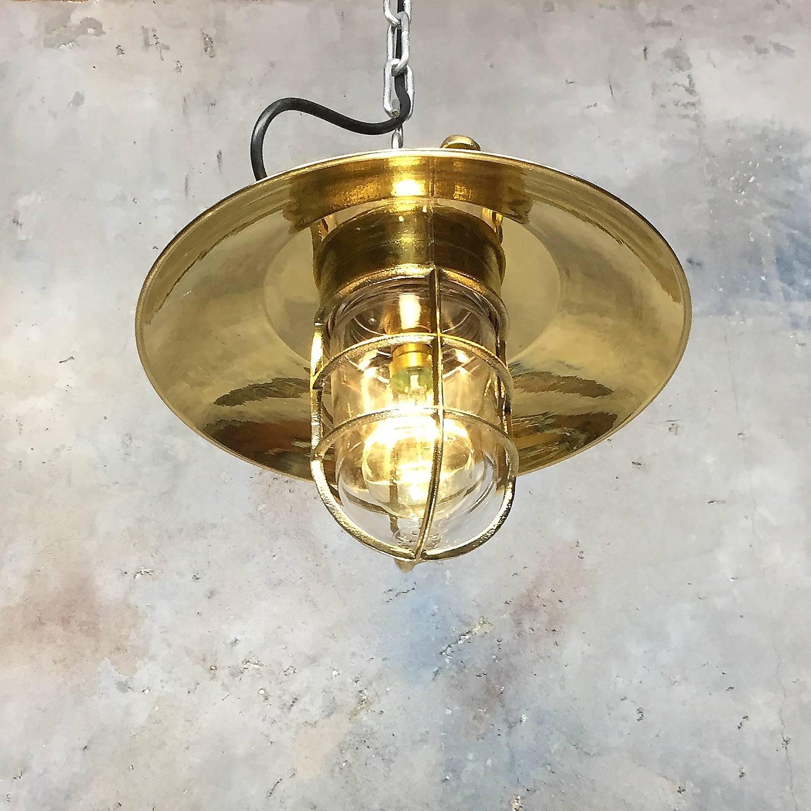 Solid brass explosion proof pendant.

Cast brass and glass. Sold without chain and s-hook. This excellent example of an original explosion proof lamp which was salvaged from an old Japanese cargo ship,

circa 1975.

Rewired and fitted with a