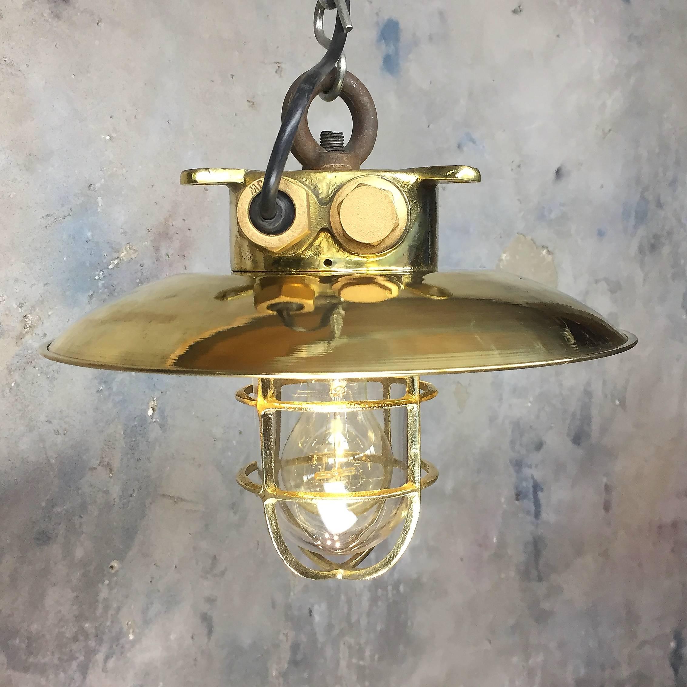 Cast Mid-Late 20th Century Brass Explosion Proof Pendant Brass Shade and Glass Dome For Sale