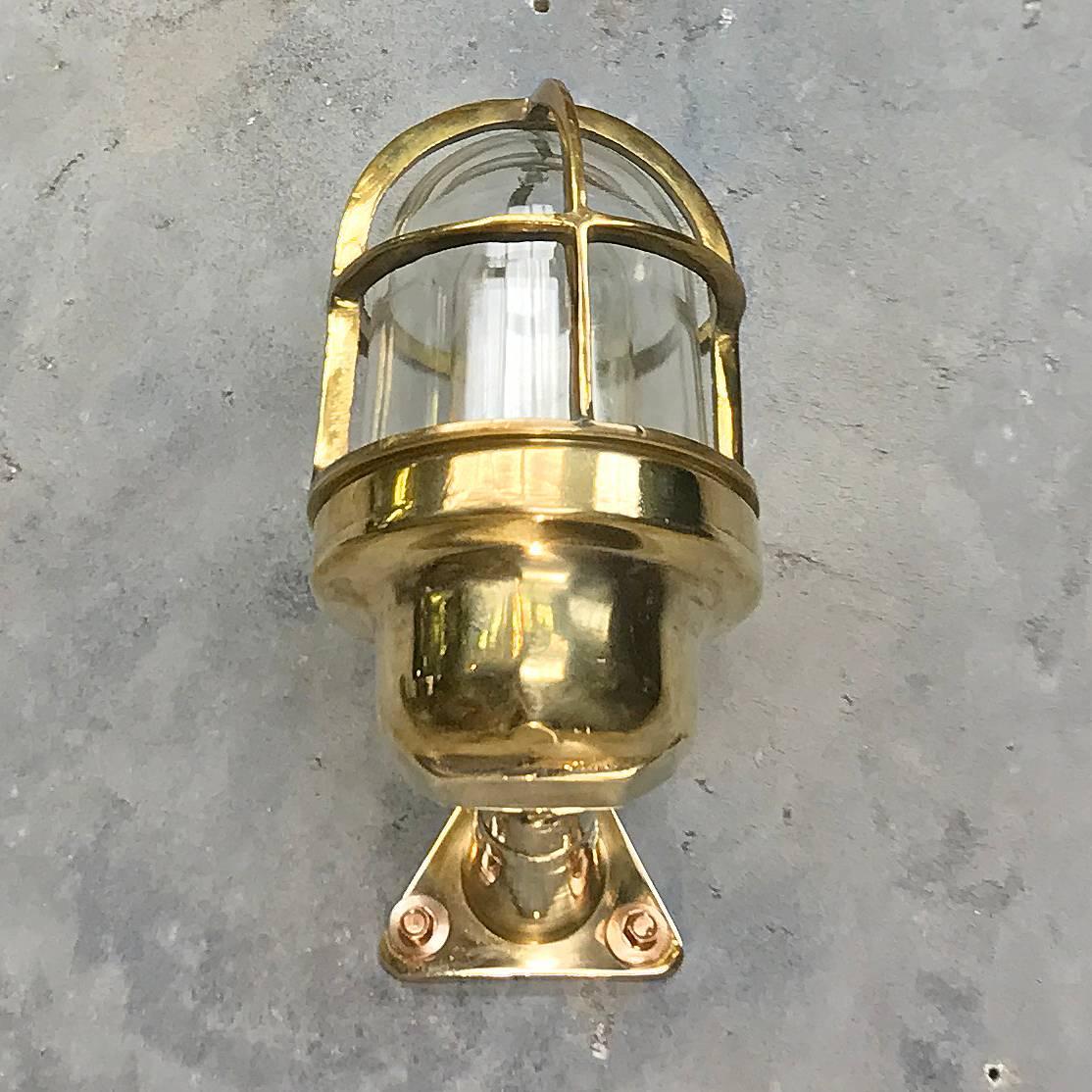 Solid brass cast wall light.

Made by Wiska - manufacturer of marine grade fixtures and components.

These lights were salvaged from cargo ships and supertankers made during the 1970s.

These are versatile fixtures ideal for wet zones and