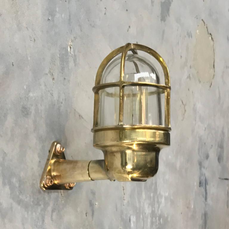 Late Century Industrial Brass 90deg Wall Light, Glass Dome and Cage, Edison Bulb For Sale at 1stdibs