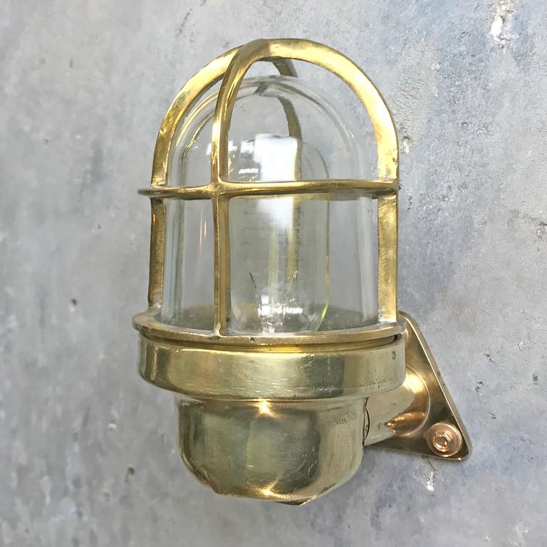 Late Century Industrial Brass 90deg Wall Light, Glass Dome and Cage, Edison Bulb For Sale at 1stdibs