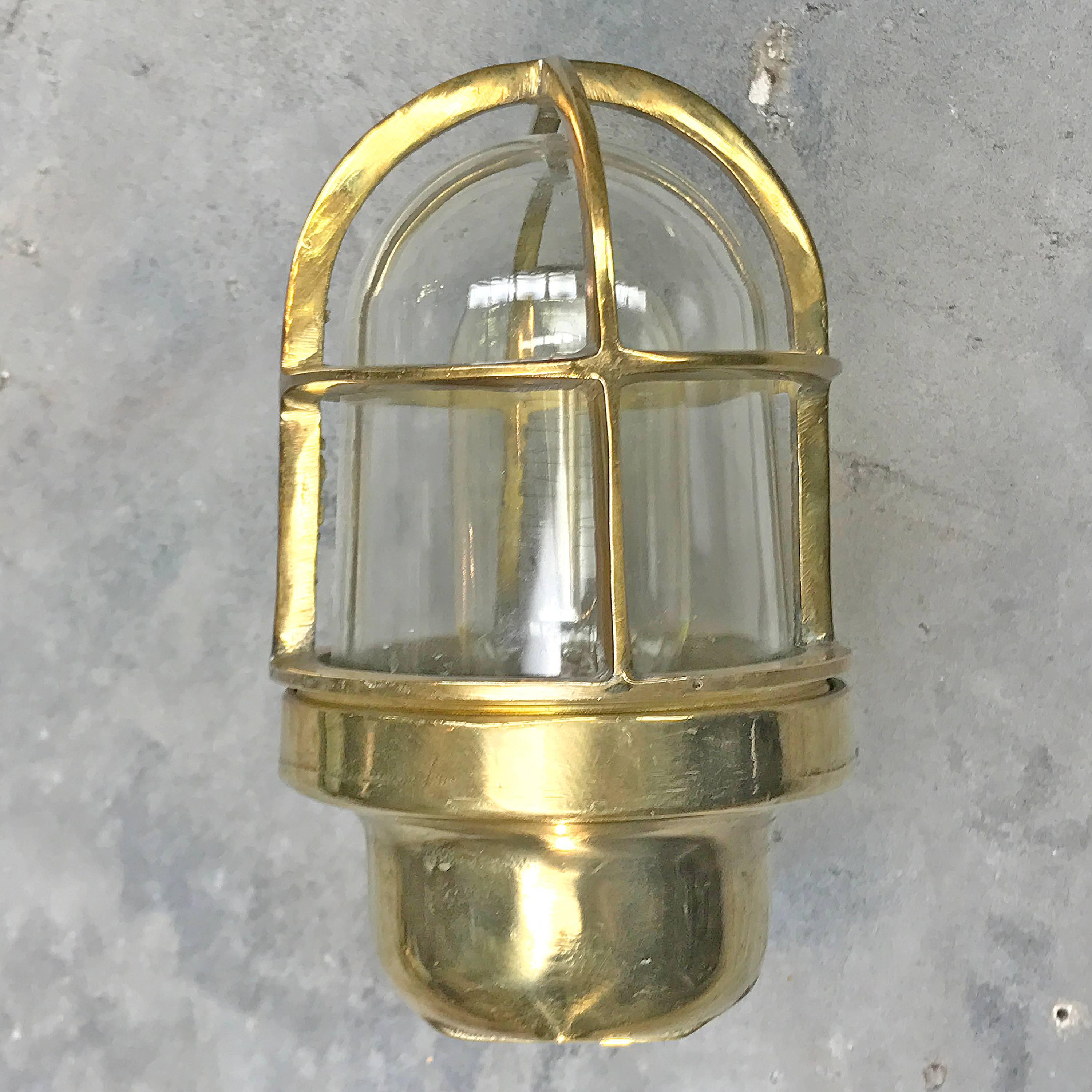 German Late Century Industrial Brass 90deg Wall Light, Glass Dome & Cage, Edison Bulb