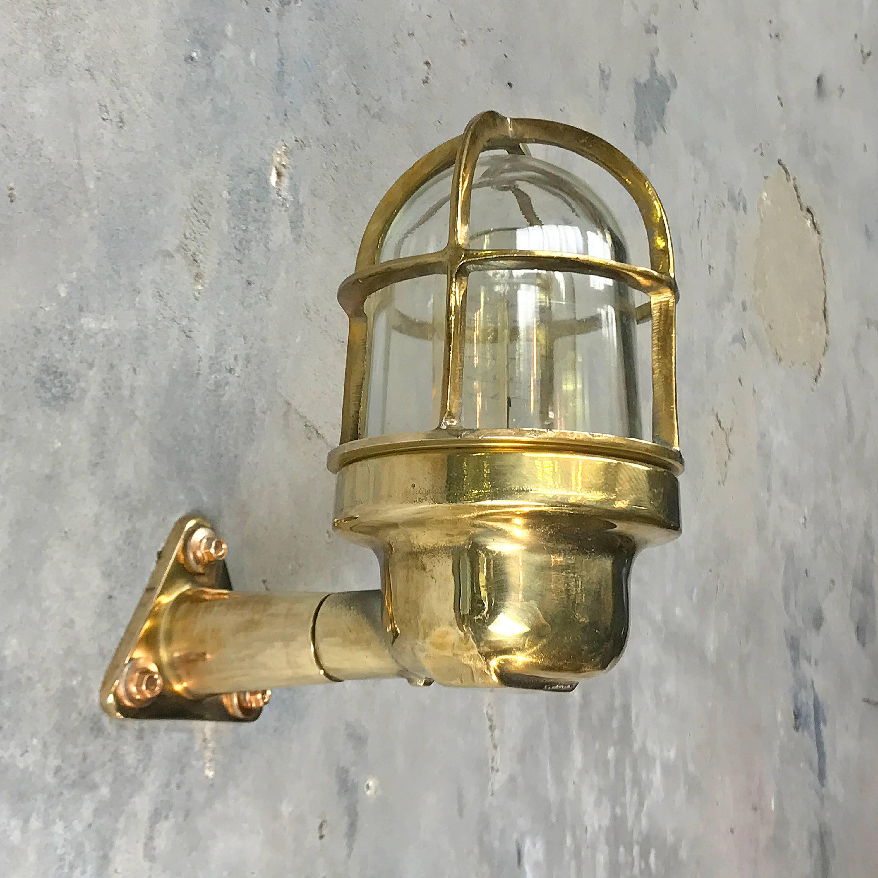 Pressed Late Century Industrial Brass 90deg Wall Light, Glass Dome & Cage, Edison Bulb