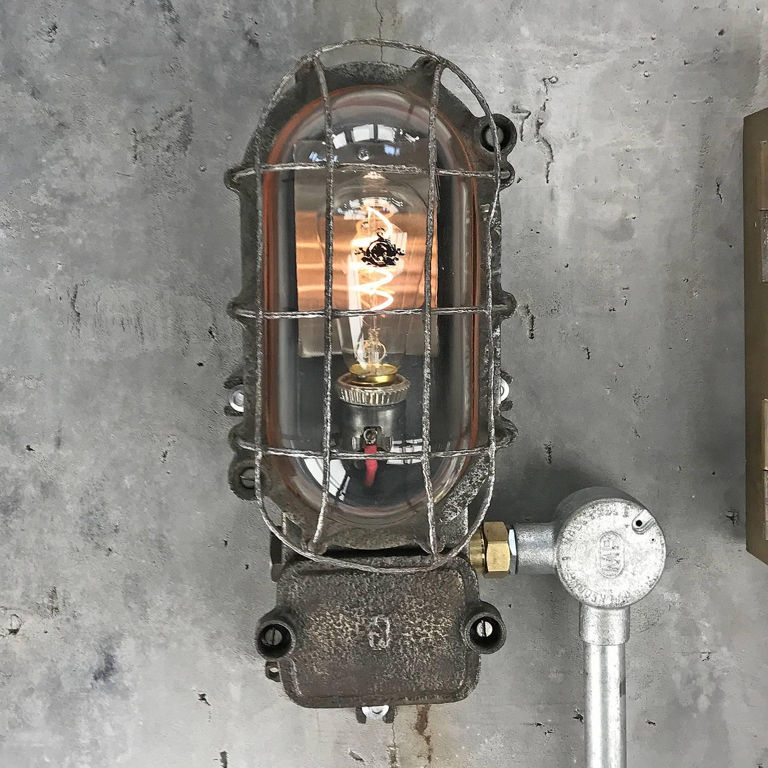 English 1960s, British Made Oval Black Iron Explosion Proof Bulkhead Light-Edison Bulb