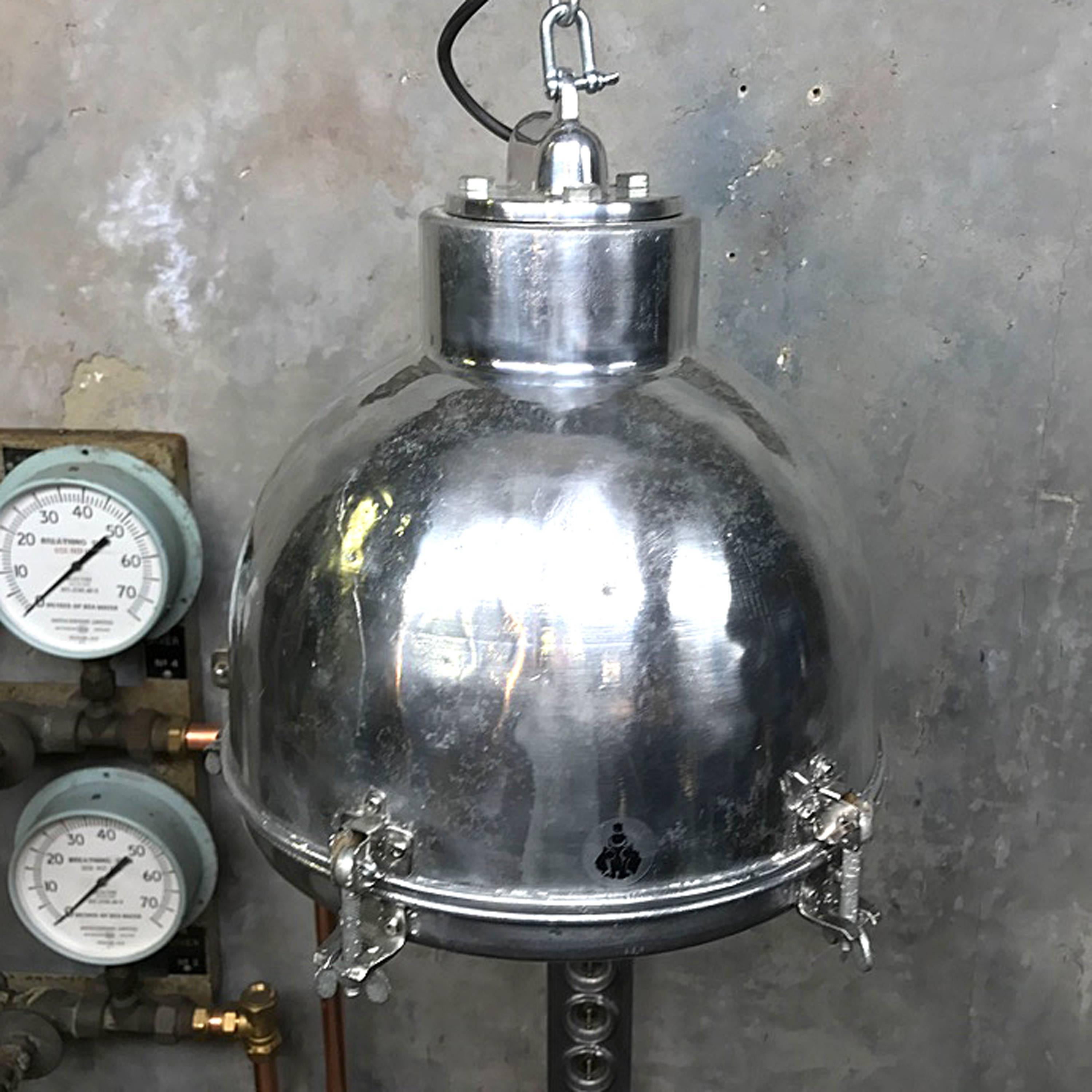 1970s Japanese Vintage Industrial Aluminium Dome Pendant with Steel Fittings In Excellent Condition In Leicester, Leicestershire