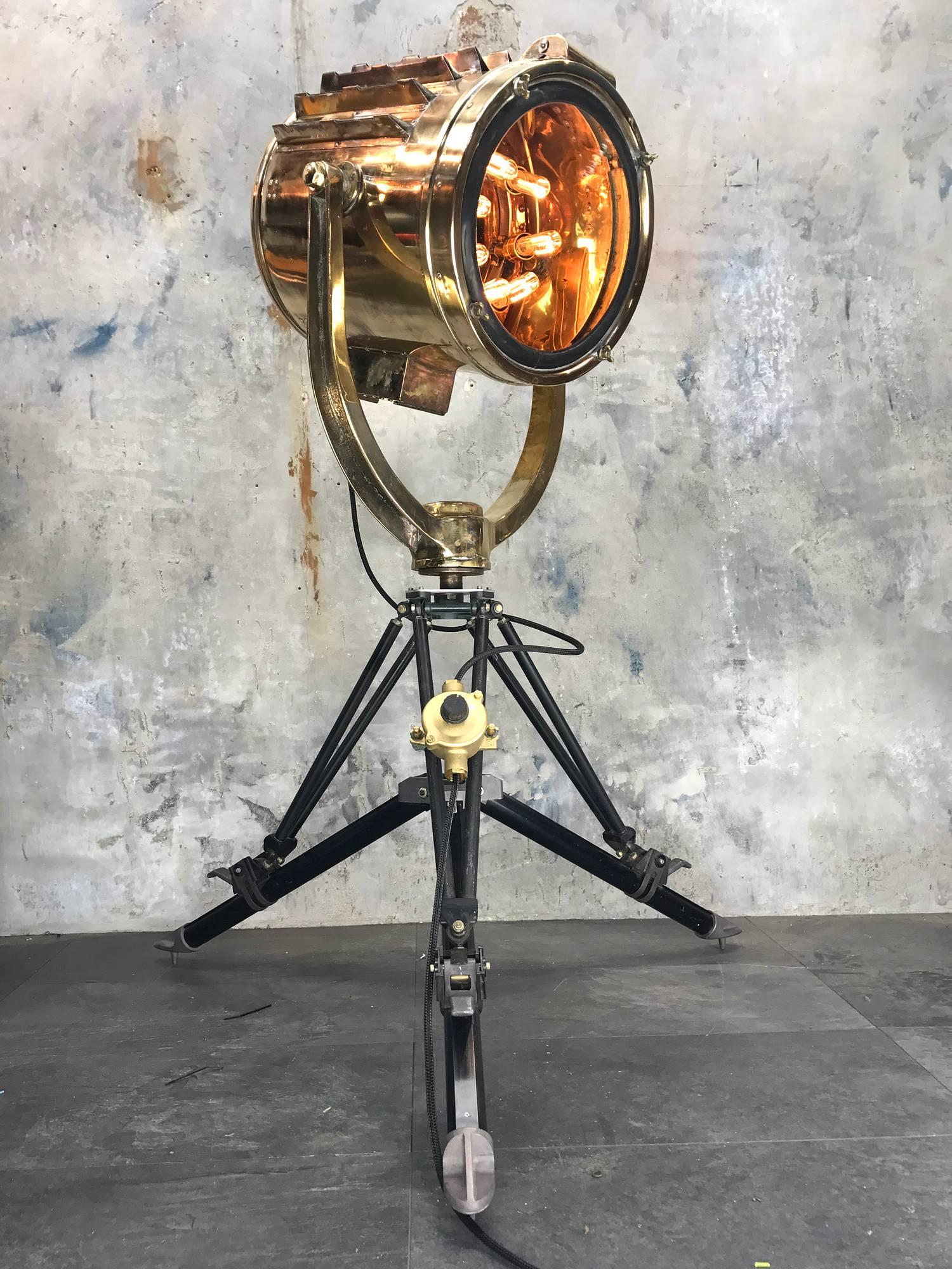 Shonan Kosakusho Co. Brass 30cm searchlight mounted on an Ex MOD mortar tripod.

The searchlight is reclaimed from Super tankers built during the 1970s and originally operated a 1000 W searchlight bulb, here at Loomlight we have fabricated and