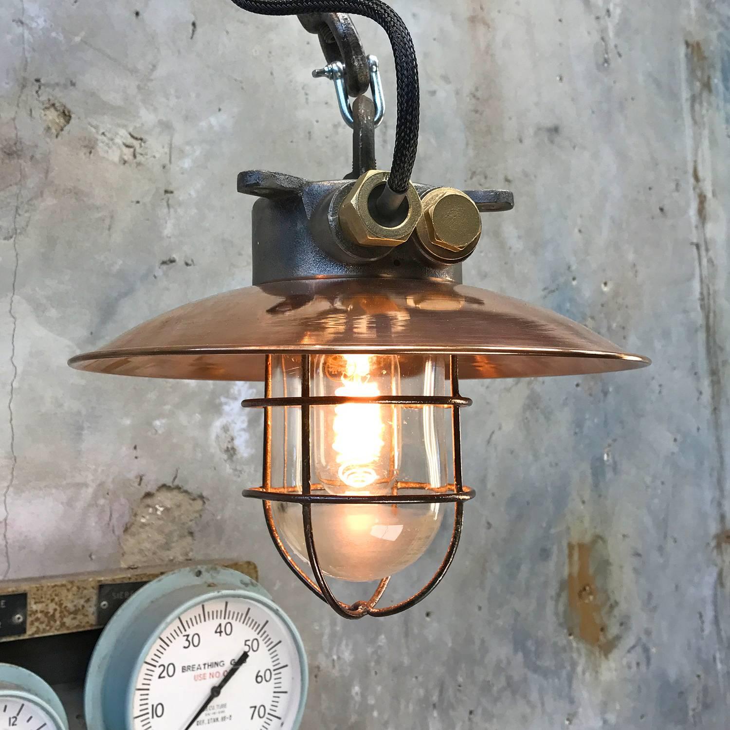 Industrial 1970s Japanese Copper & Iron Cantilever Wall Light with Brass Fittings & Cage For Sale