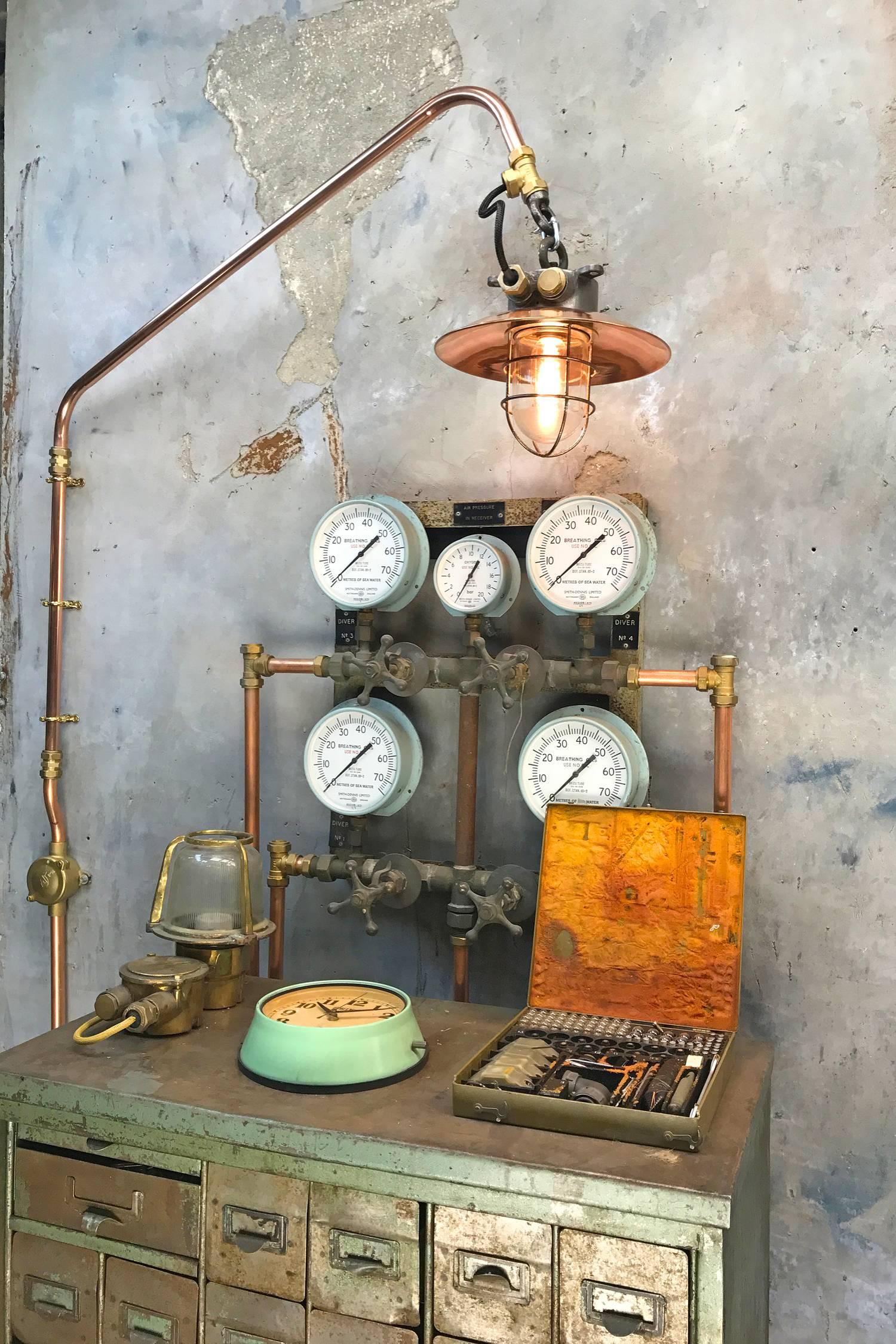 1970s Japanese Copper & Iron Cantilever Wall Light with Brass Fittings & Cage For Sale 1