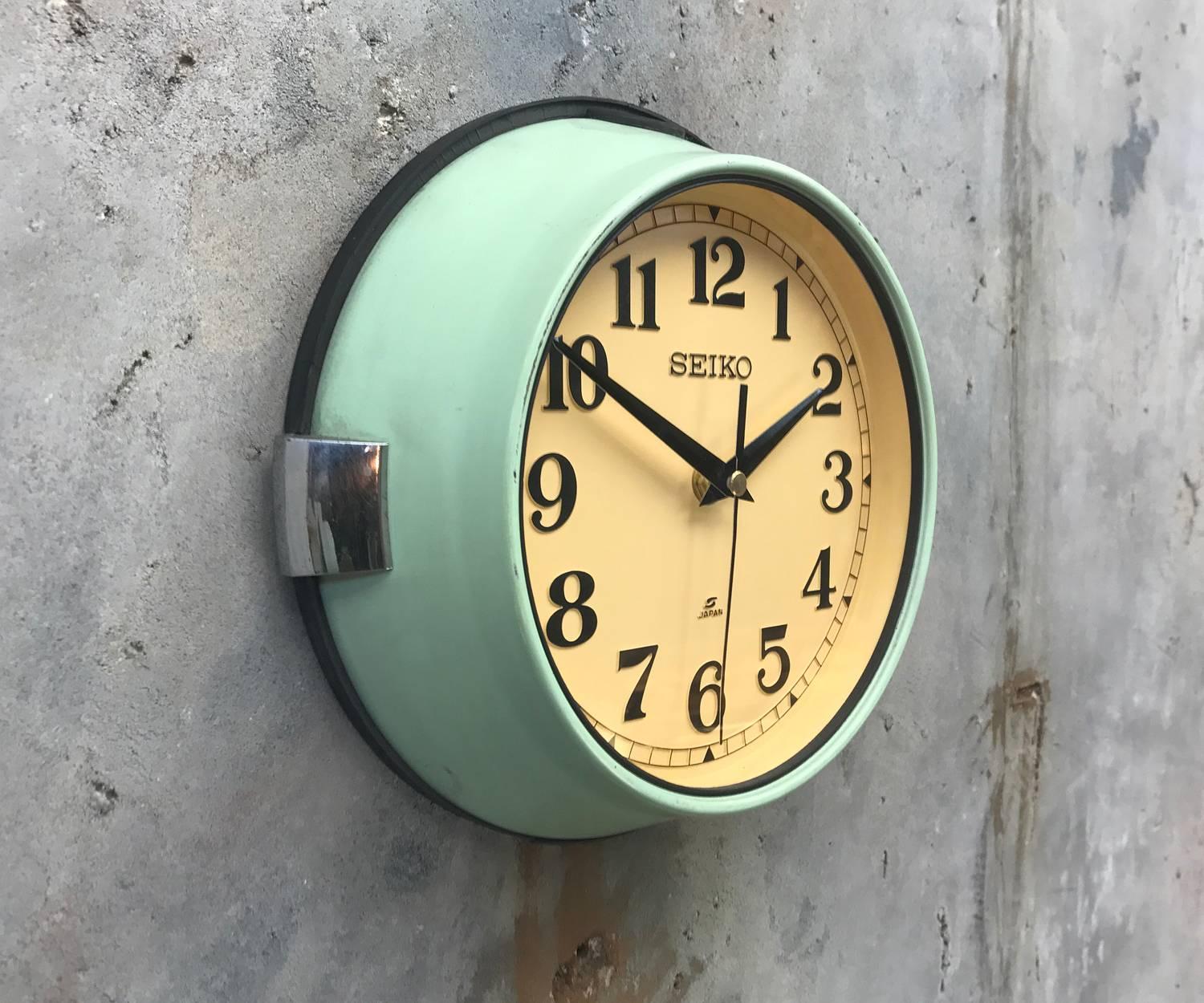 Japanese 1970s Green Seiko Retro Vintage Industrial Antique Steel Quartz Wall Clock