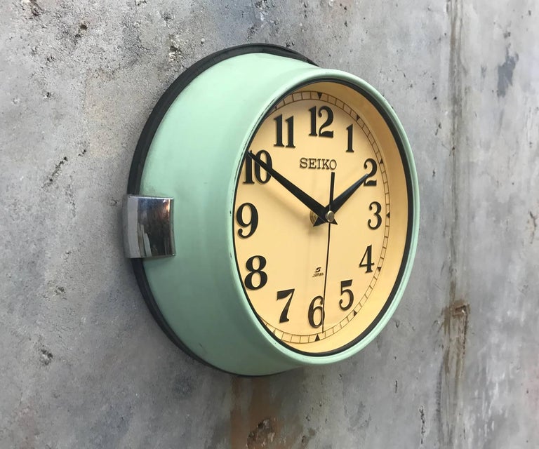 1970s Green Seiko Retro Vintage Industrial Antique Steel Quartz Wall Clock For Sale at 1stDibs