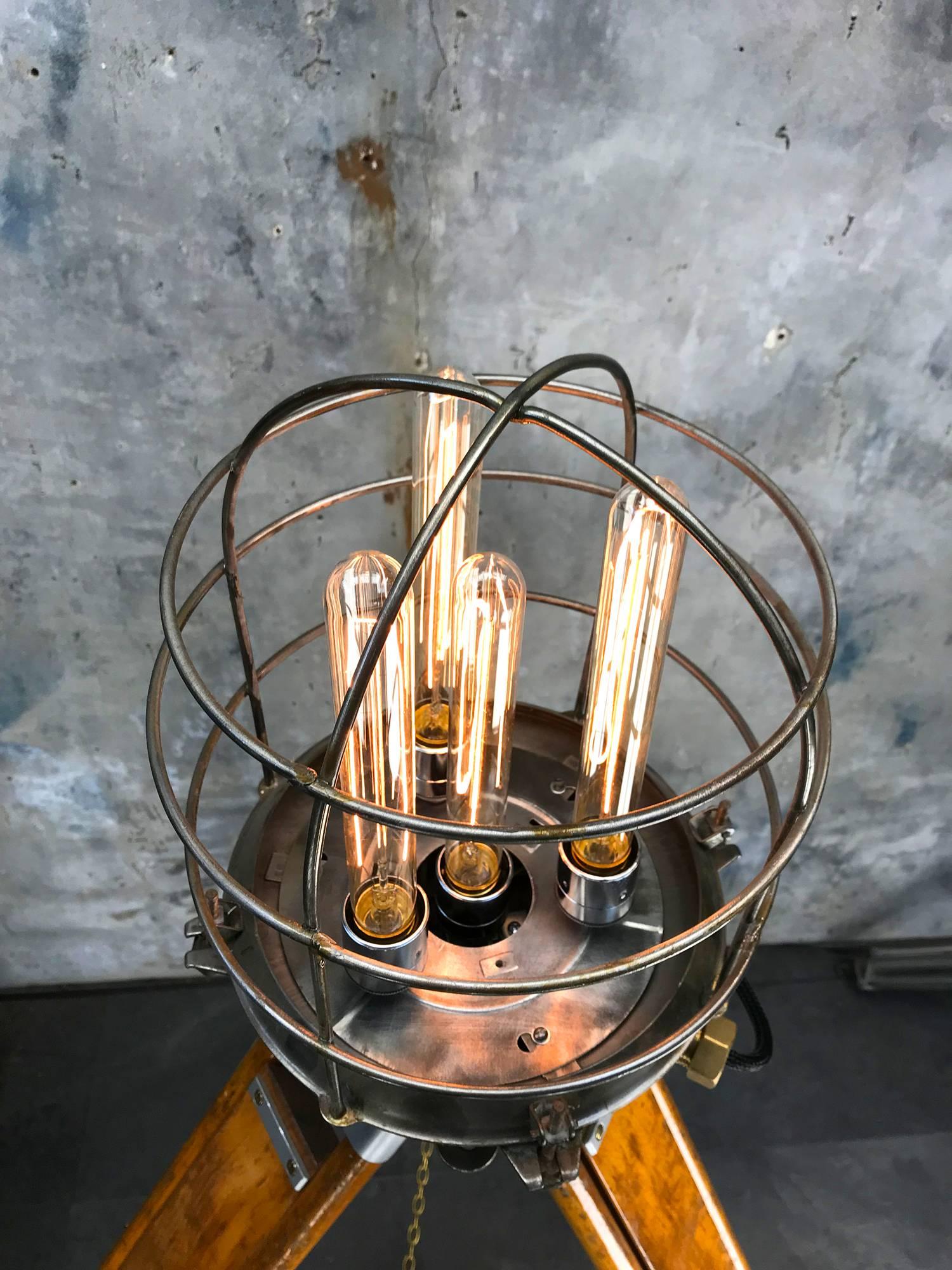 Beveled 1970s Russian Steampunk Vintage Industrial Steel Edison Lamp & Hardwood Tripod