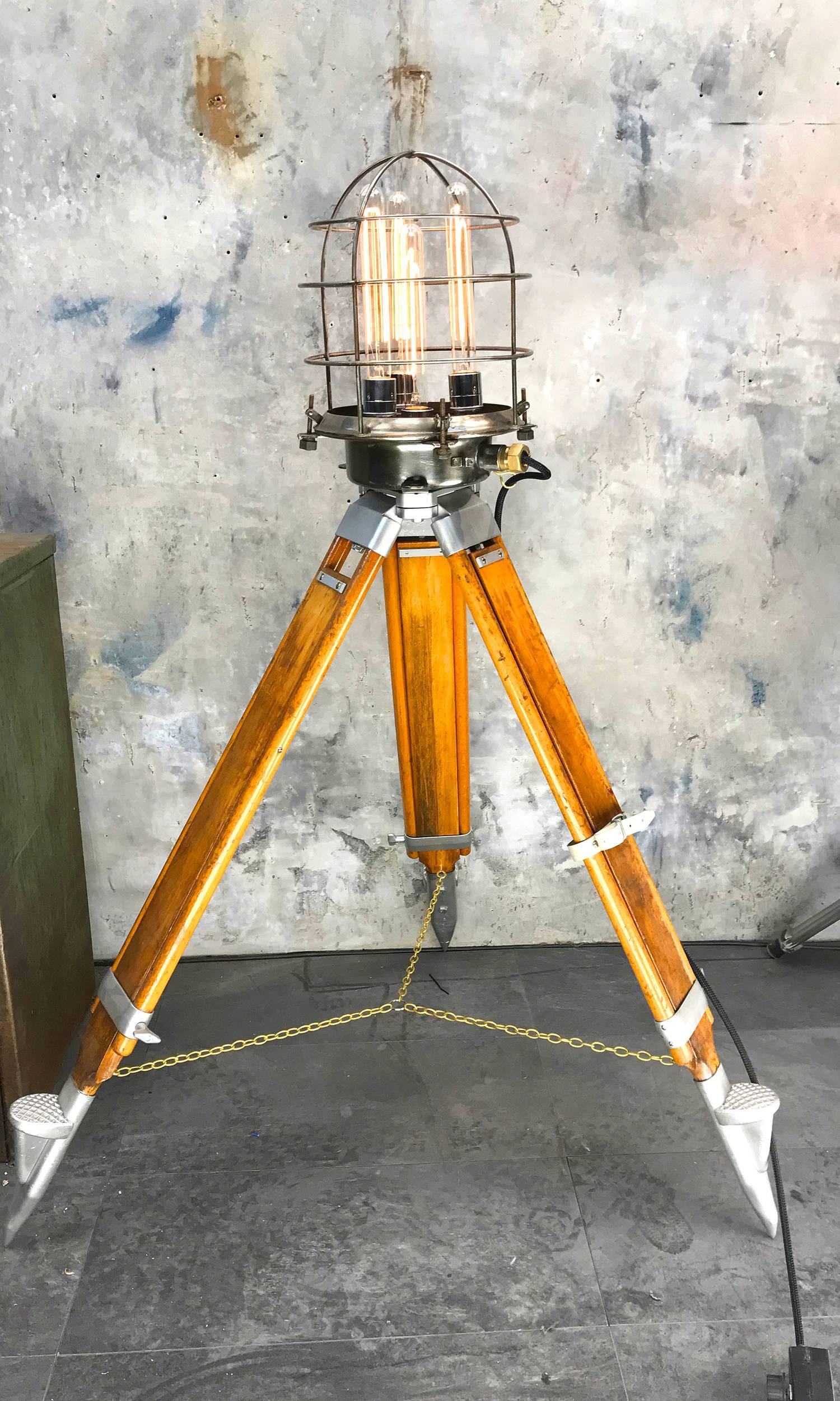 Late 20th Century 1970s Russian Steampunk Vintage Industrial Steel Edison Lamp & Hardwood Tripod