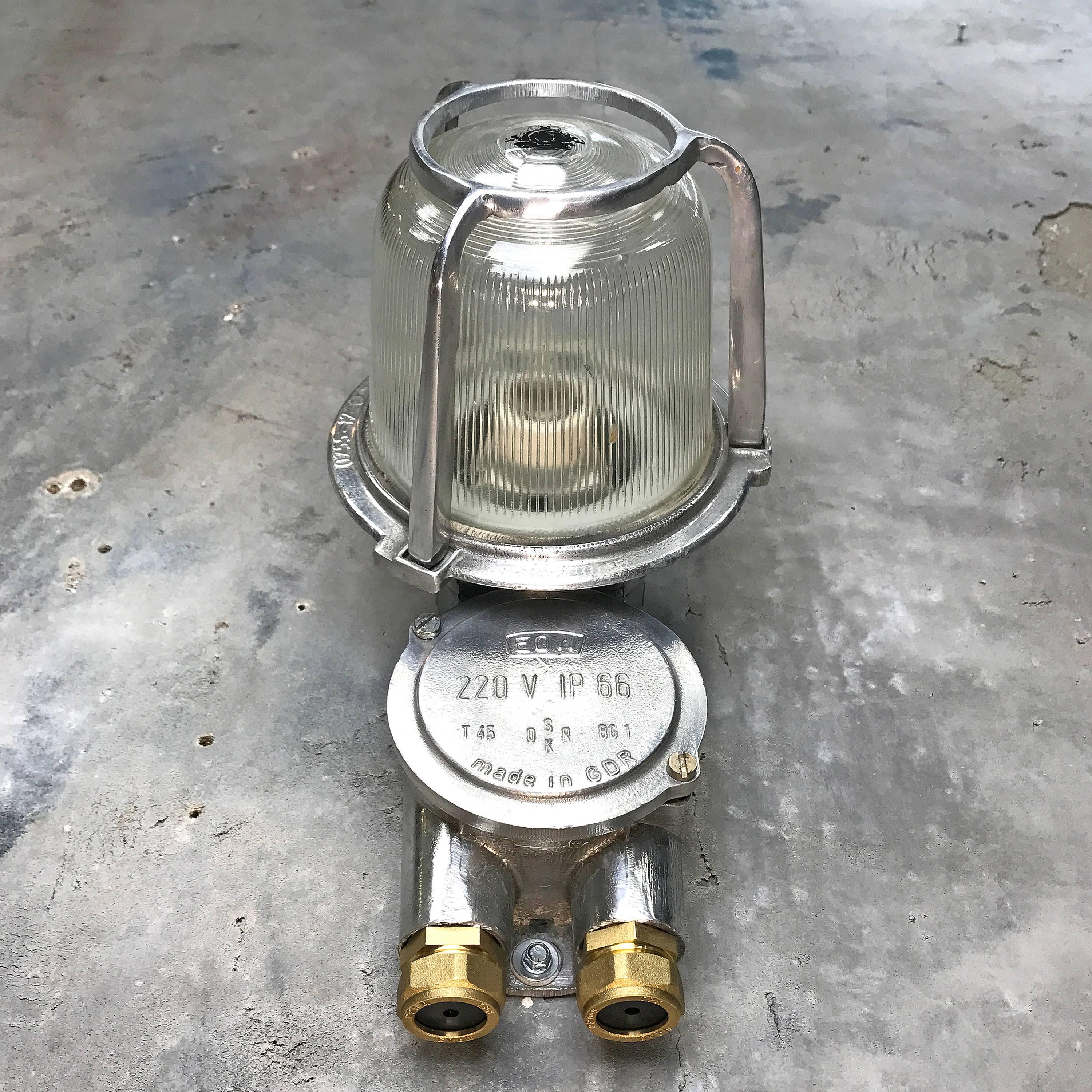 Tempered 1970s East German Eow Aluminium Industrial Wall Light with Diffuser Glass Dome  For Sale