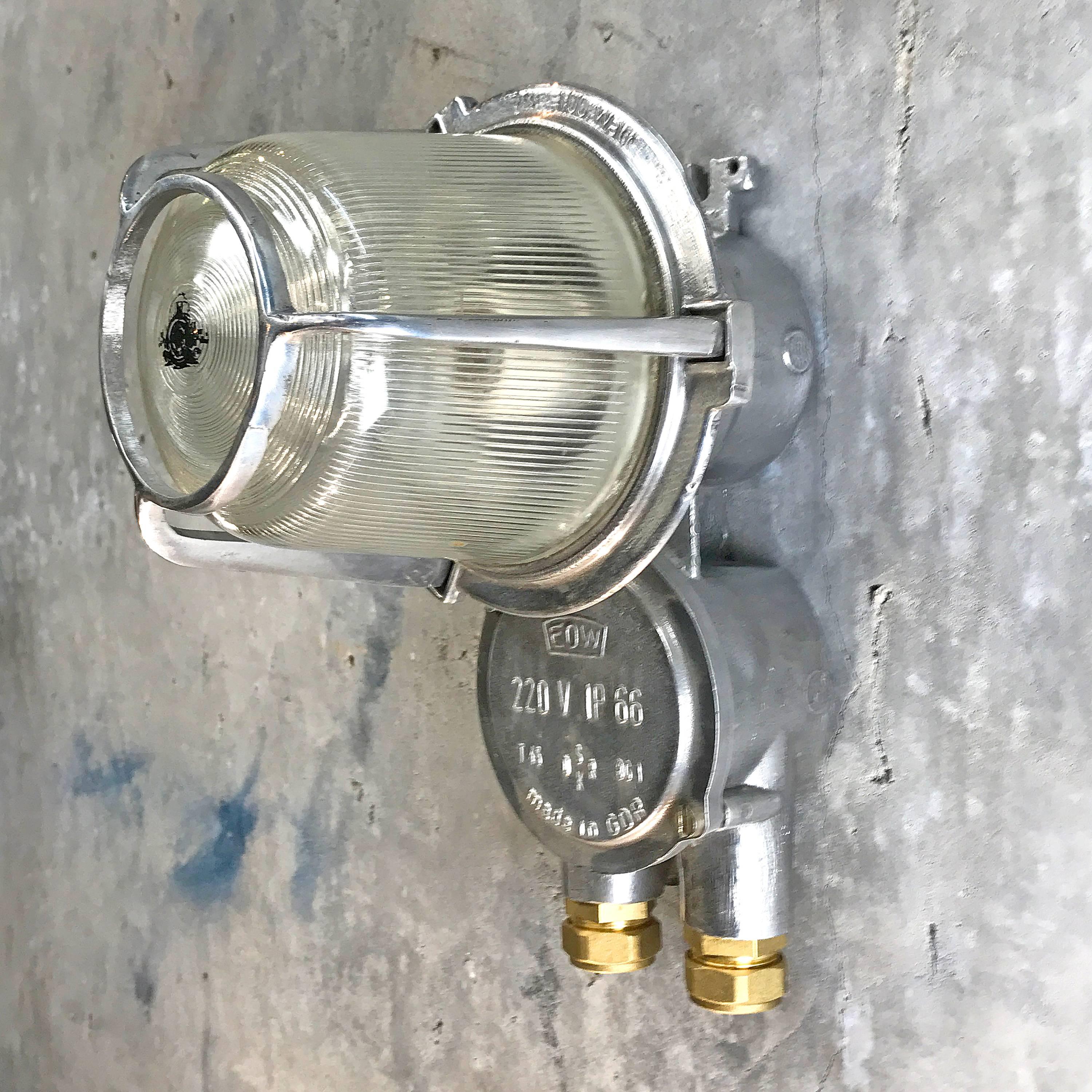 Aluminum 1970s East German Eow Aluminium Industrial Wall Light with Diffuser Glass Dome  For Sale