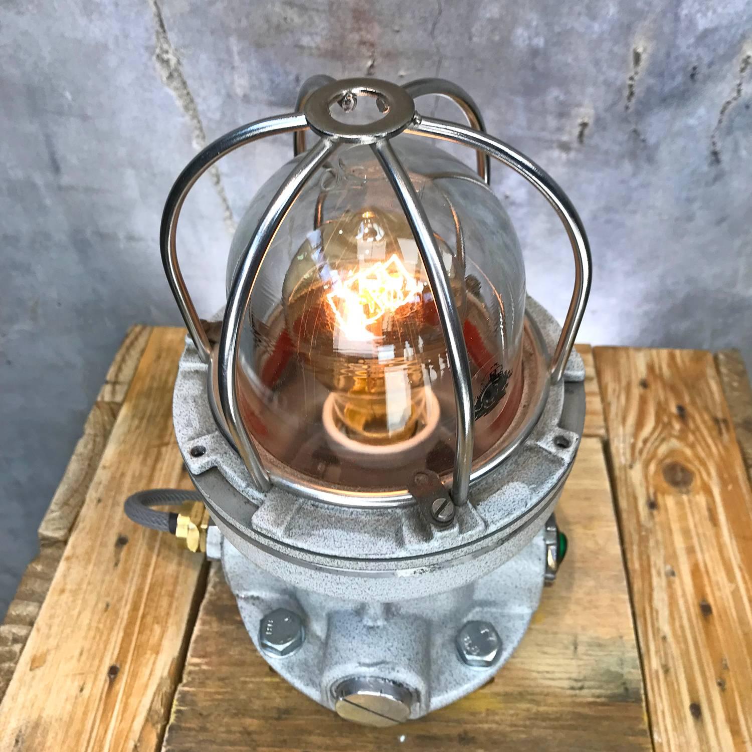 Industrial Nos Italian Cast Aluminium Explosion Proof Table Lamp Chrome Cage & Edison Bulb