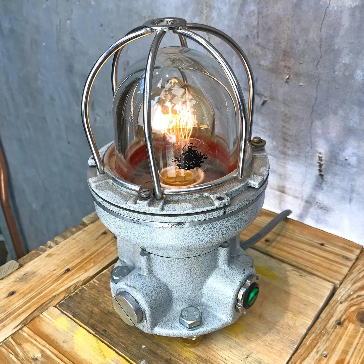 Nos Italian Cast Aluminium Explosion Proof Table Lamp Chrome Cage & Edison Bulb In Excellent Condition In Leicester, Leicestershire