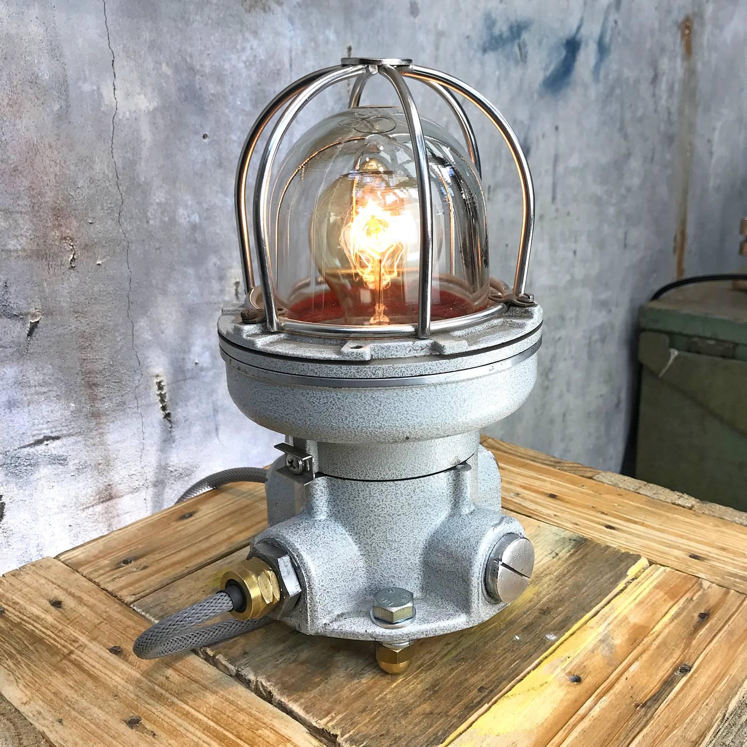 Contemporary Nos Italian Cast Aluminium Explosion Proof Table Lamp Chrome Cage & Edison Bulb