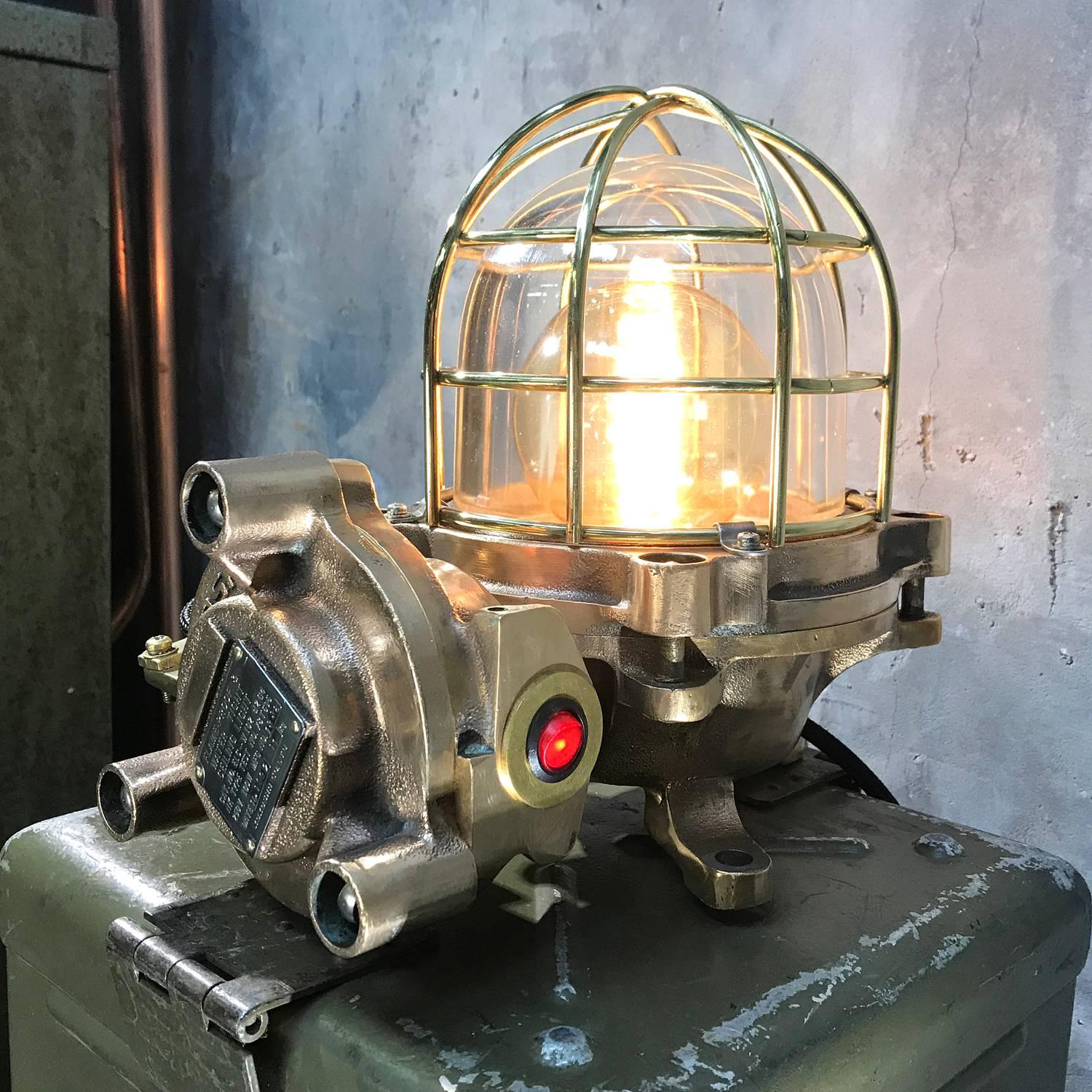 Late Century Japanese Cast Bronze Industrial Flameproof Table Lamp, Brass Cage 4