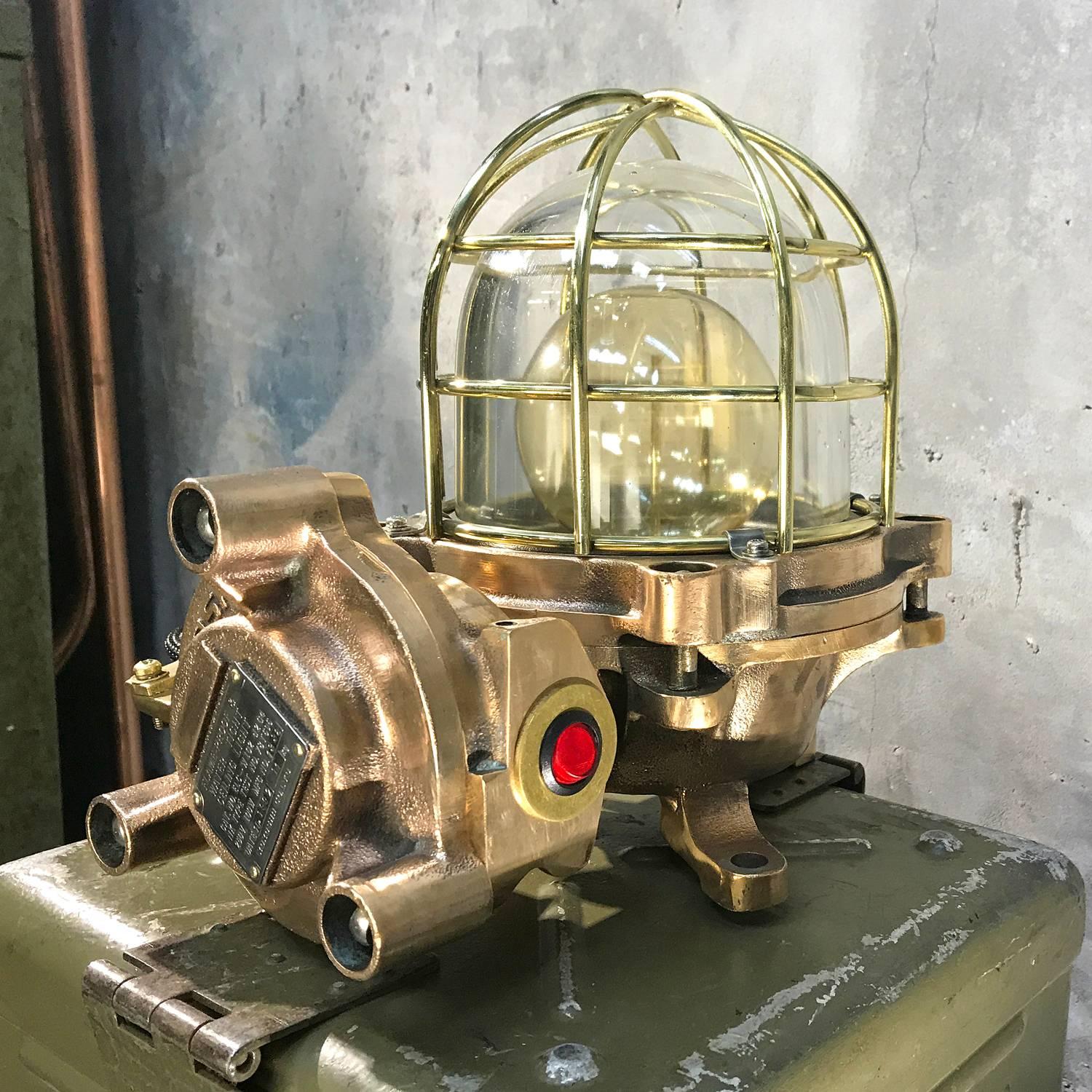 Late Century Japanese Cast Bronze Industrial Flameproof Table Lamp, Brass Cage In Excellent Condition In Leicester, Leicestershire